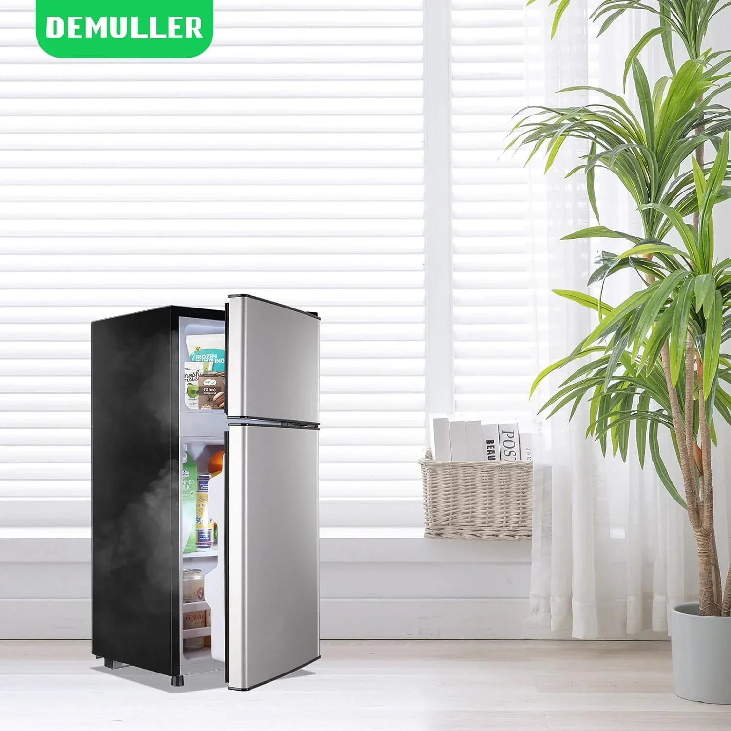 Mini-réfrigérateur de 2,4 pi³ avec congélateur, double porte, petit format, avec bouton de commande à 7 positions.