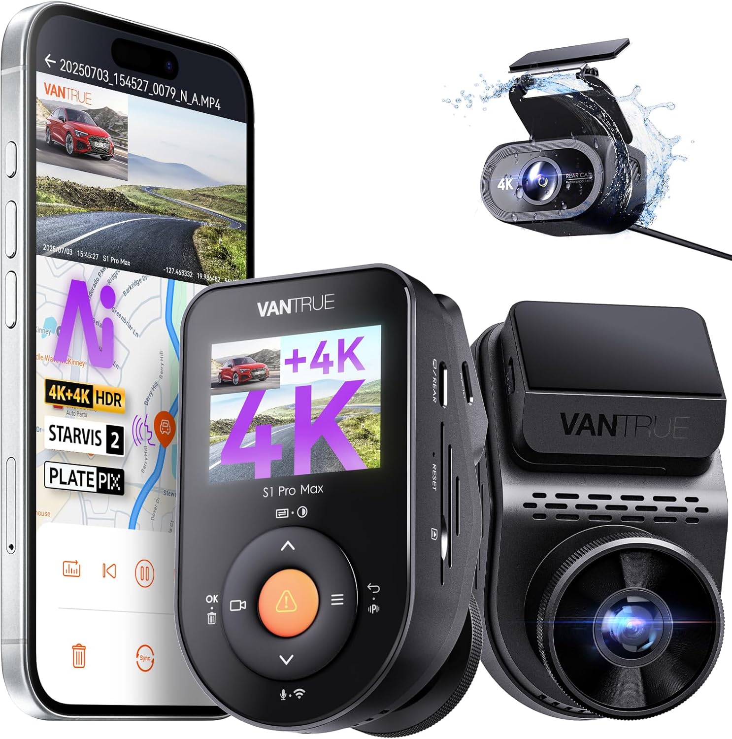 Vantrue S1 Pro Max AI Dash Cam 4K+4K w/ADAS & BSD  Dual STARVIS 2 Dash cam Front and Rear  2 Channel HDR Dashcam  PlatePix Night Vision  5G WiFi  Voice Control  GPS  24H Buffered Parking Mode  1TB Max