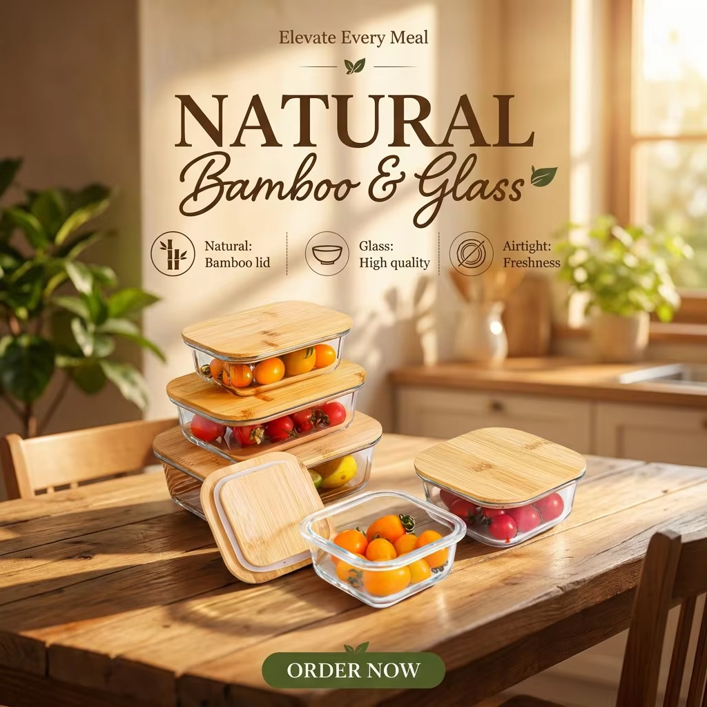 Durable High Borosilicate Glass Classic Design Eco-Friendly Food Container Set Airtight Bamboo Lids 3-Piece Heat Resistant Bowls