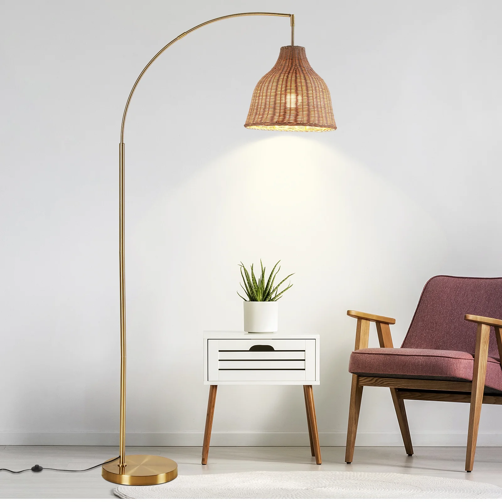 72 inch Arched Rattan Floor Lamp, Fabric Retro Boho Farmhouse Rustic Standing Lamp for Living Room, Bedroom, Office, 9W Foot Switch 3 Color Temperature, Gold(Gold) - Image 2