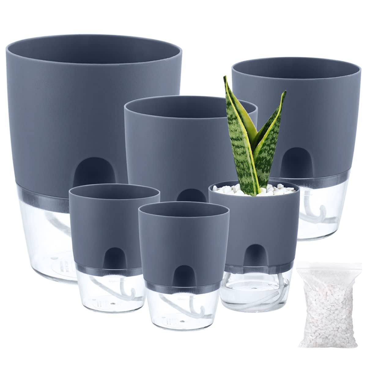 Planterhoma Self Watering Pots for Indoor Plants, 6 Pack, 3.2/4/6 inch, Grey