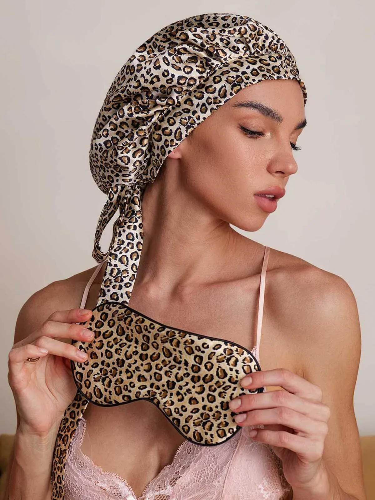 Pure Silk Leopard Pattern Bonnet+Eye Mask Set