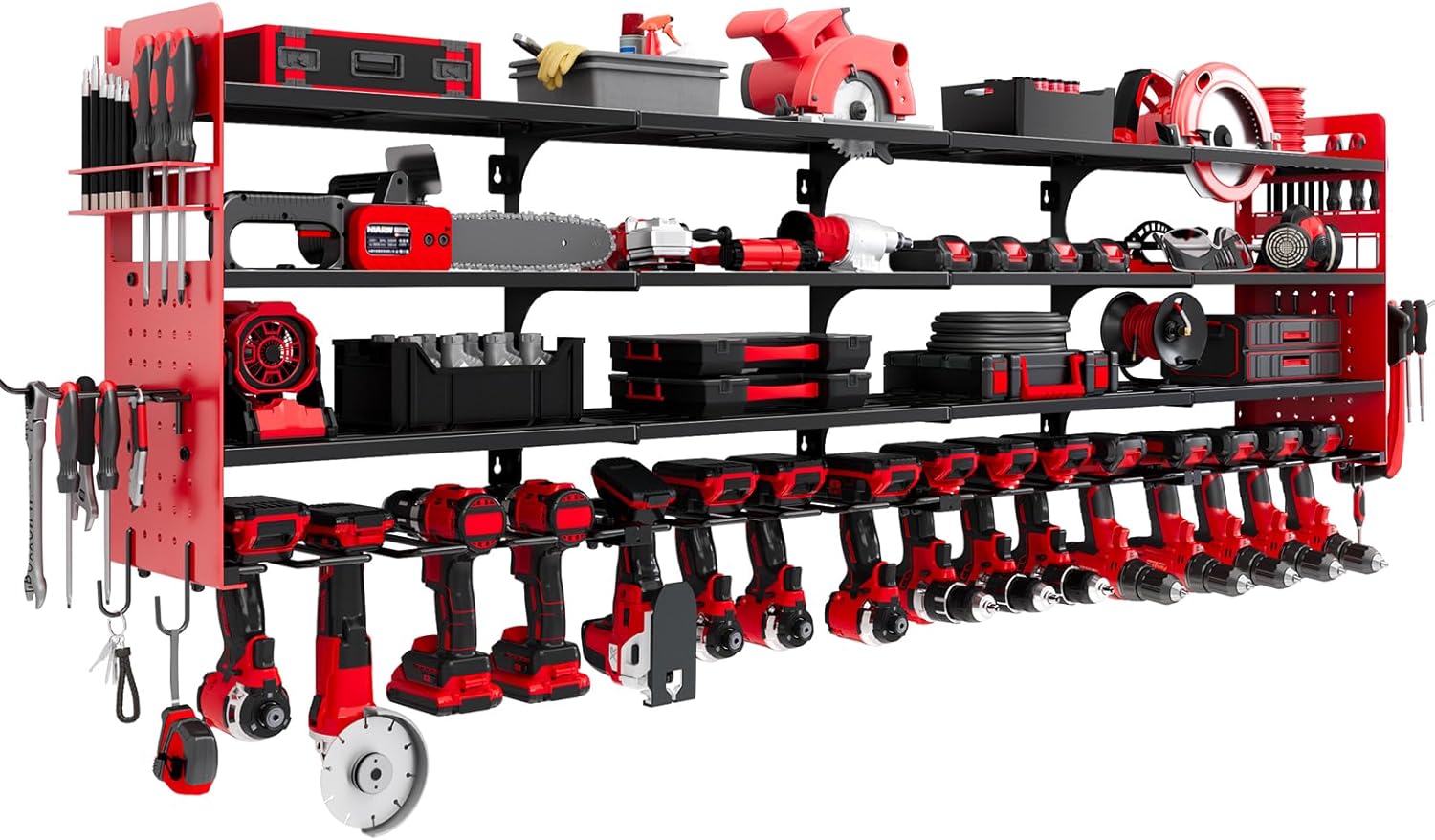 Large Power Tool Organizer Wall Mount, 16 Drill Holders Storage Rack, Red