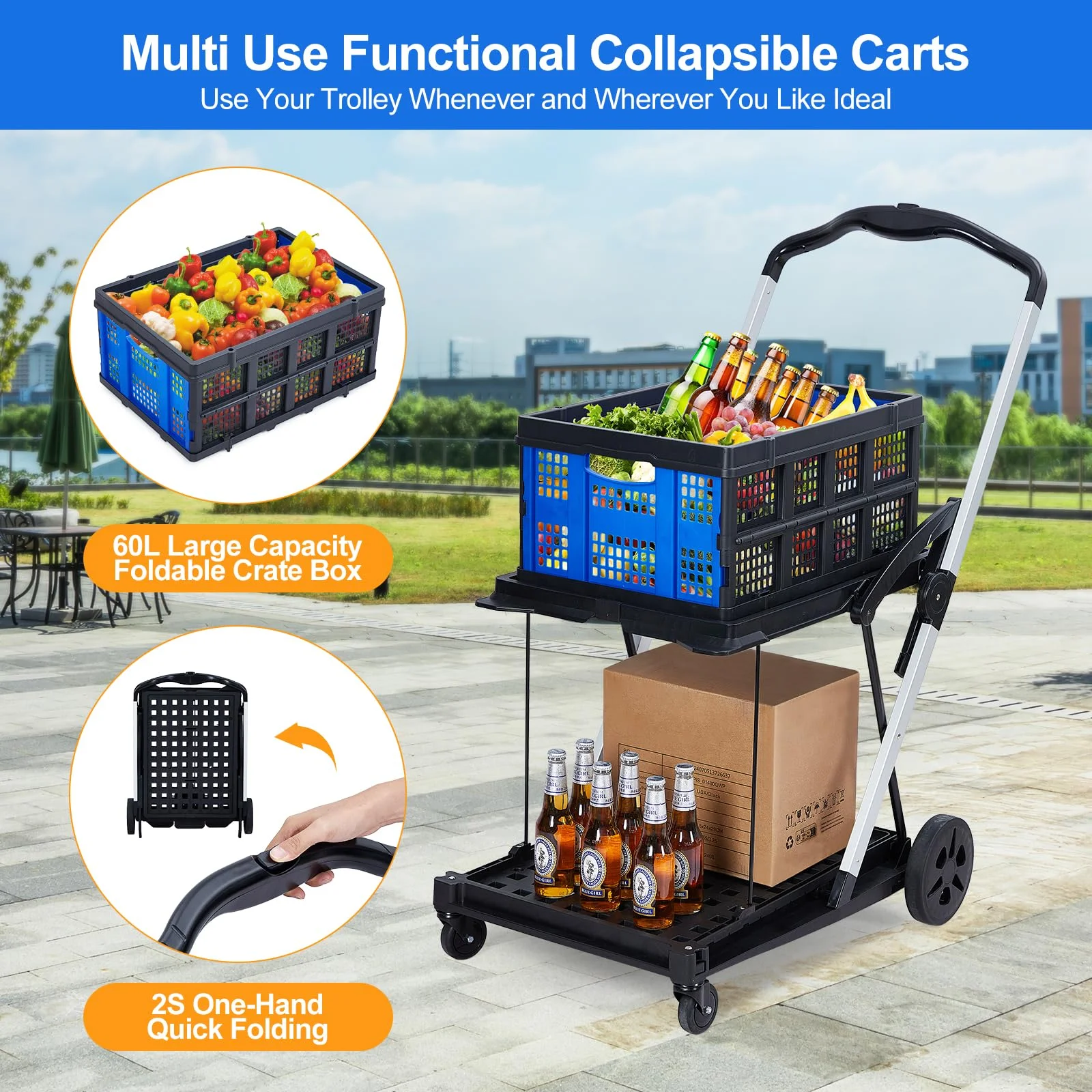 Collapsible Utility Cart, Multi Use Functional Collapsible Shopping Carts, 2 - Tier Collapsible Shopping Cart with Storage Crates, Heavy Duty Utility Cart Folding Trolley for Shopping, Picnic and Office