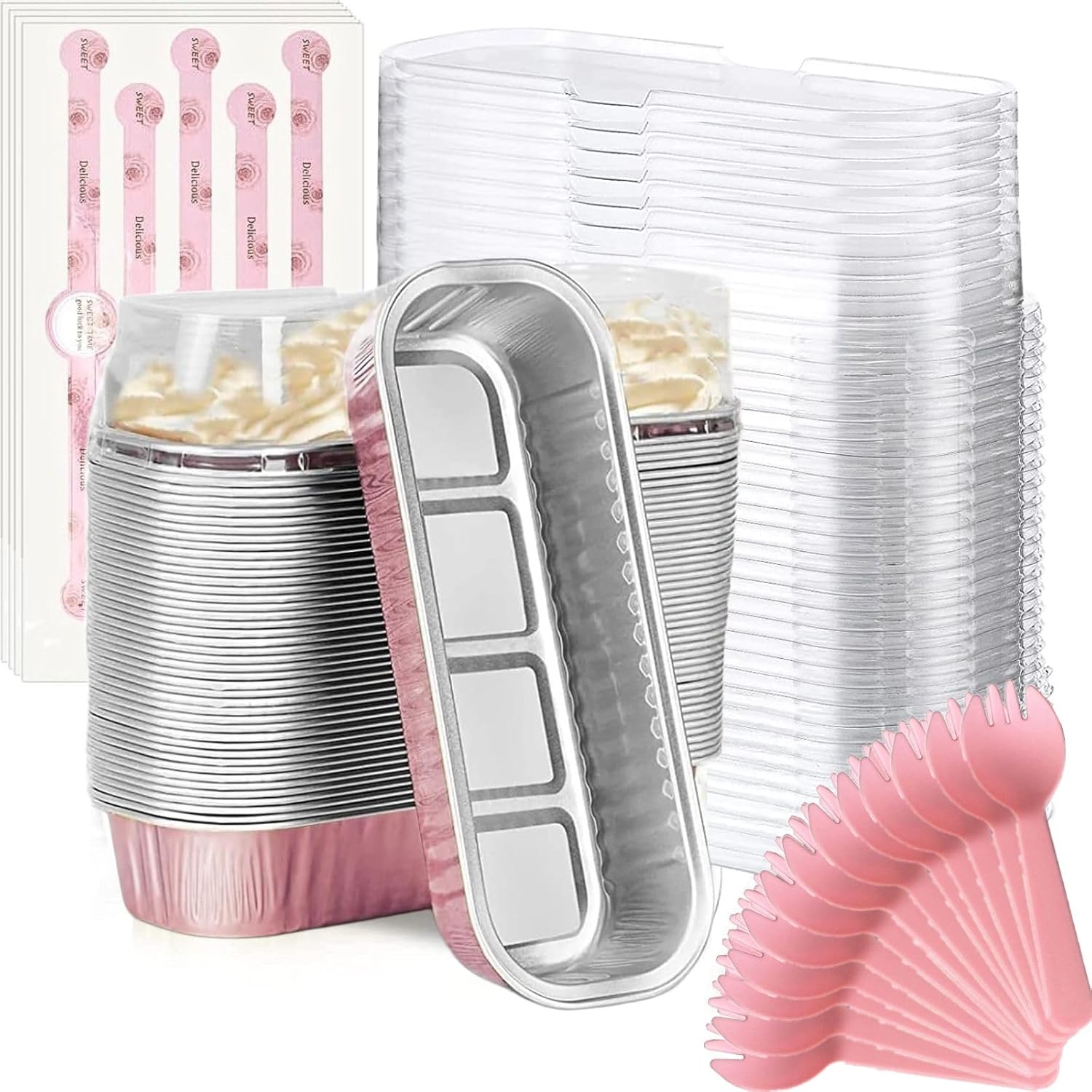 Findful Mini Loaf Baking Pans with Lids and Spoons (50 Pack, 6.8oz) Rectangular Aluminum Foil Baking Pans Tins Containers - Cupcake Containers Wrappers Cheesecake Creme Brulee Ramekins