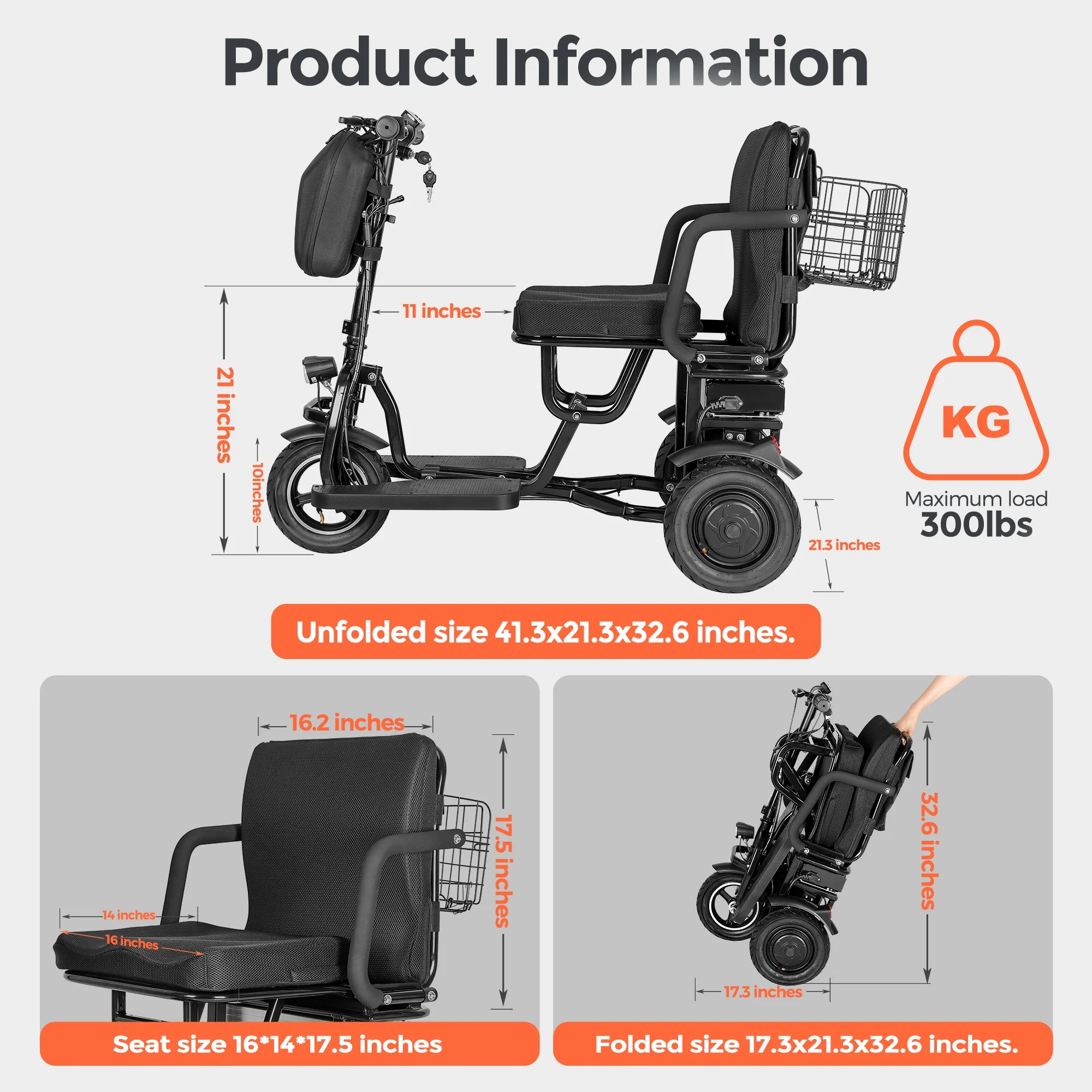 3-Wheel Folding Mobility Scooter Lightweight for Seniors Adults 300 lbs, Portable Powered Handicap All Terrain Travel Scooter, Mobility Scooters Foldable Collapsible Electric Scooters Black(Black) - Image 2
