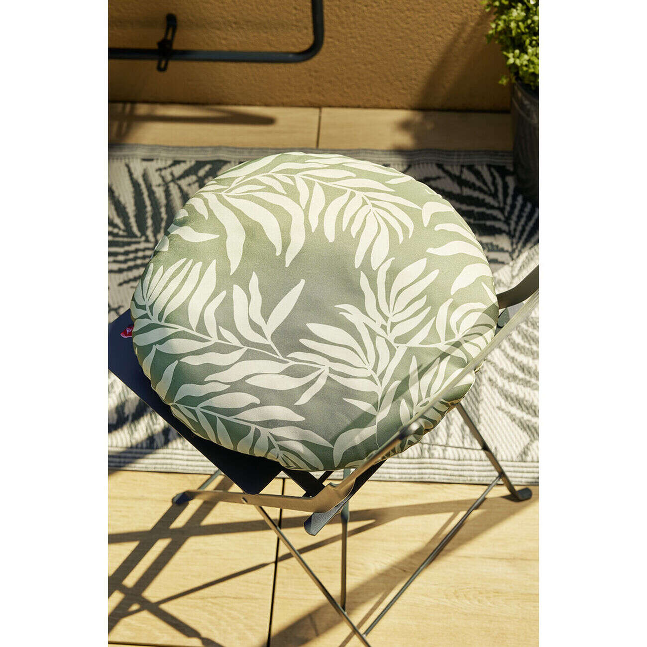 Coussin rond motif feuillage vert et beige Ø40xép12cm