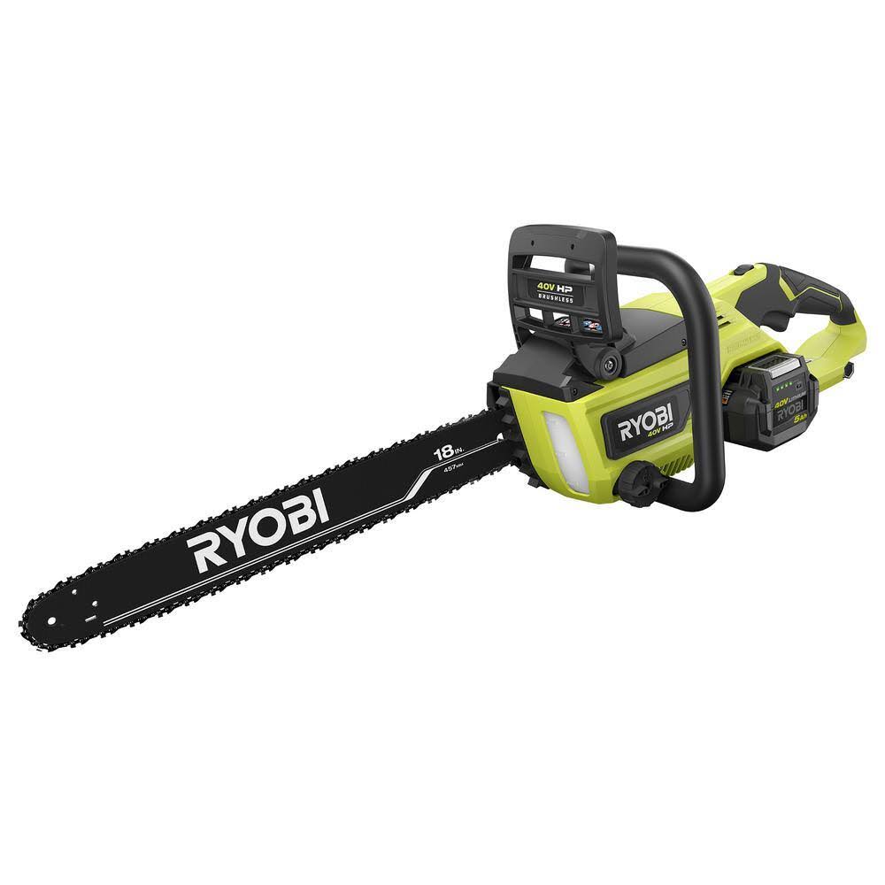 Ryobi RY40580 40V HP Brushless 18 in. Cordless Battery Chainsaw with 5.0 Ah Battery and Charger