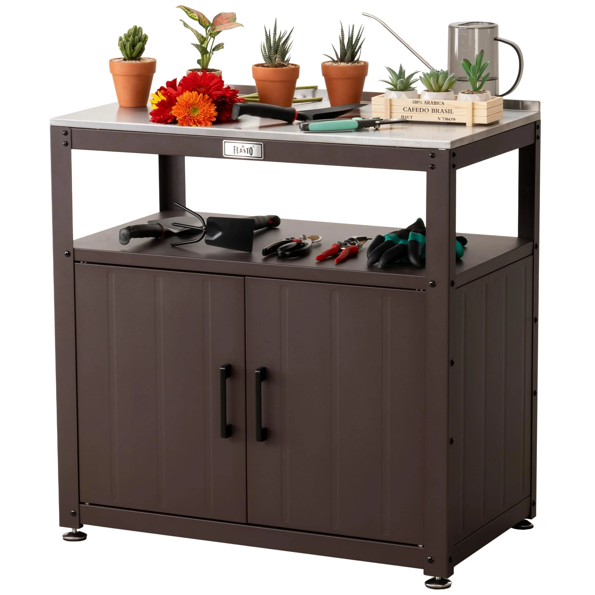 Garden Potting Bench with Storage Cabinet, Outdoor Gardening Table and Plant Workbench, Gardening, with Stainless Steel Tabletop