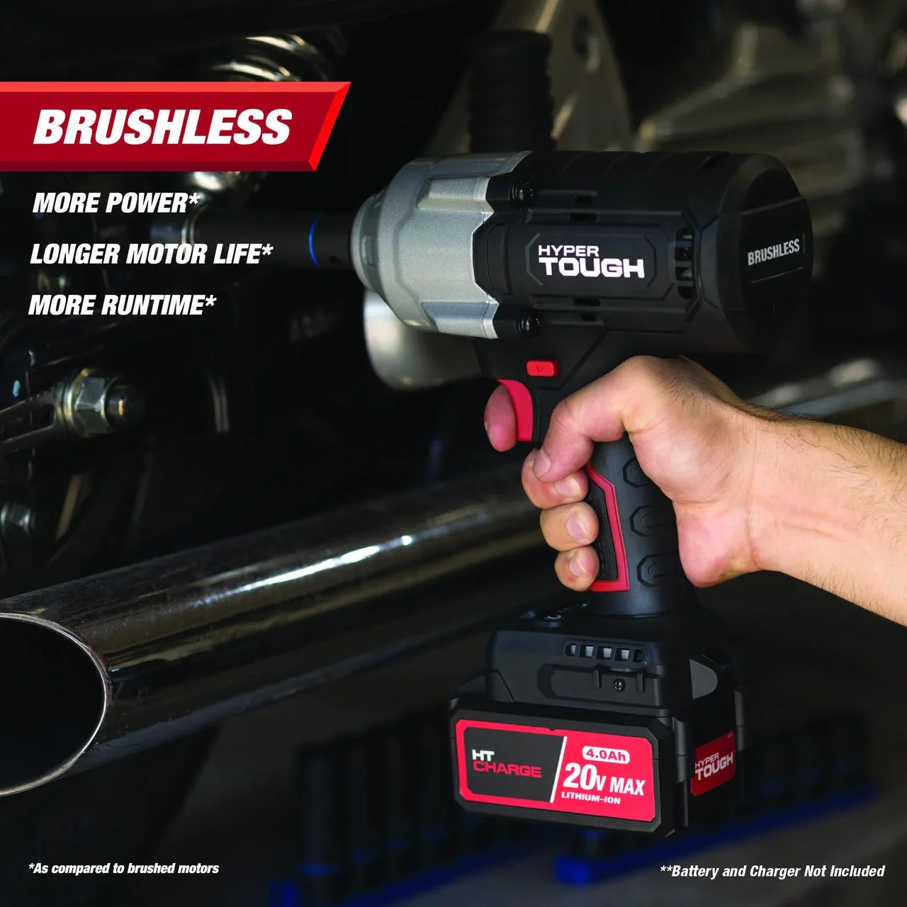 Hyper Tough 20V Max Brushless 1/2-inch High-Torque Cordless Impact Wrench with 4.0Ah Lithium-Ion Battery and Charger
