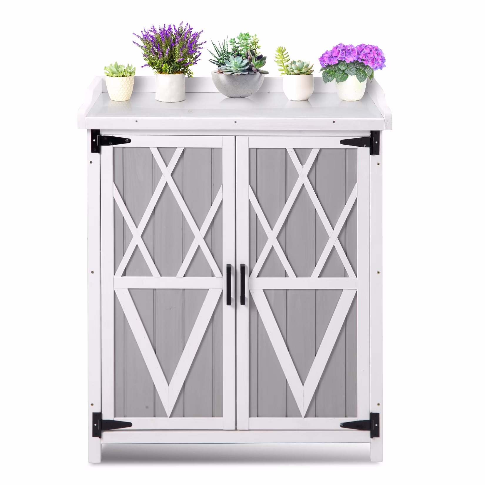 Outdoor Potting Bench - Wooden Storage Cabinets with Metal Tabletop Planting Work Benches with Adjustable Shelf Double Doors Garden Work Bench for Backyard Patio Lawn
