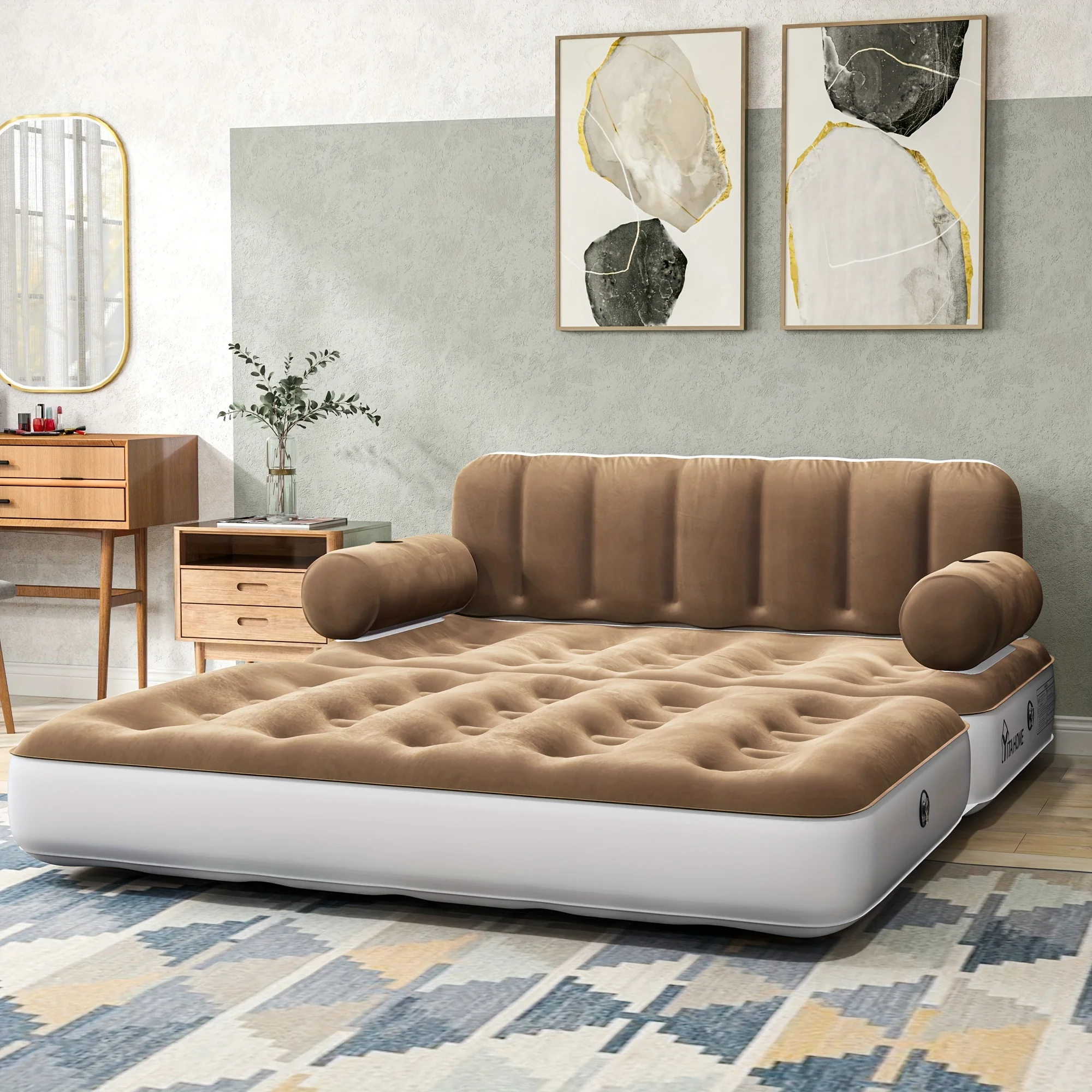 Inflatable Air Sofa Bed 2-in-1 Backrest Couch Airbed With Headboard And Pump Convertible Blow Up Bed Mattress For Home, Camping, And Guests, Living Room Furniture, Queen Size(Black+gray) - Image 5