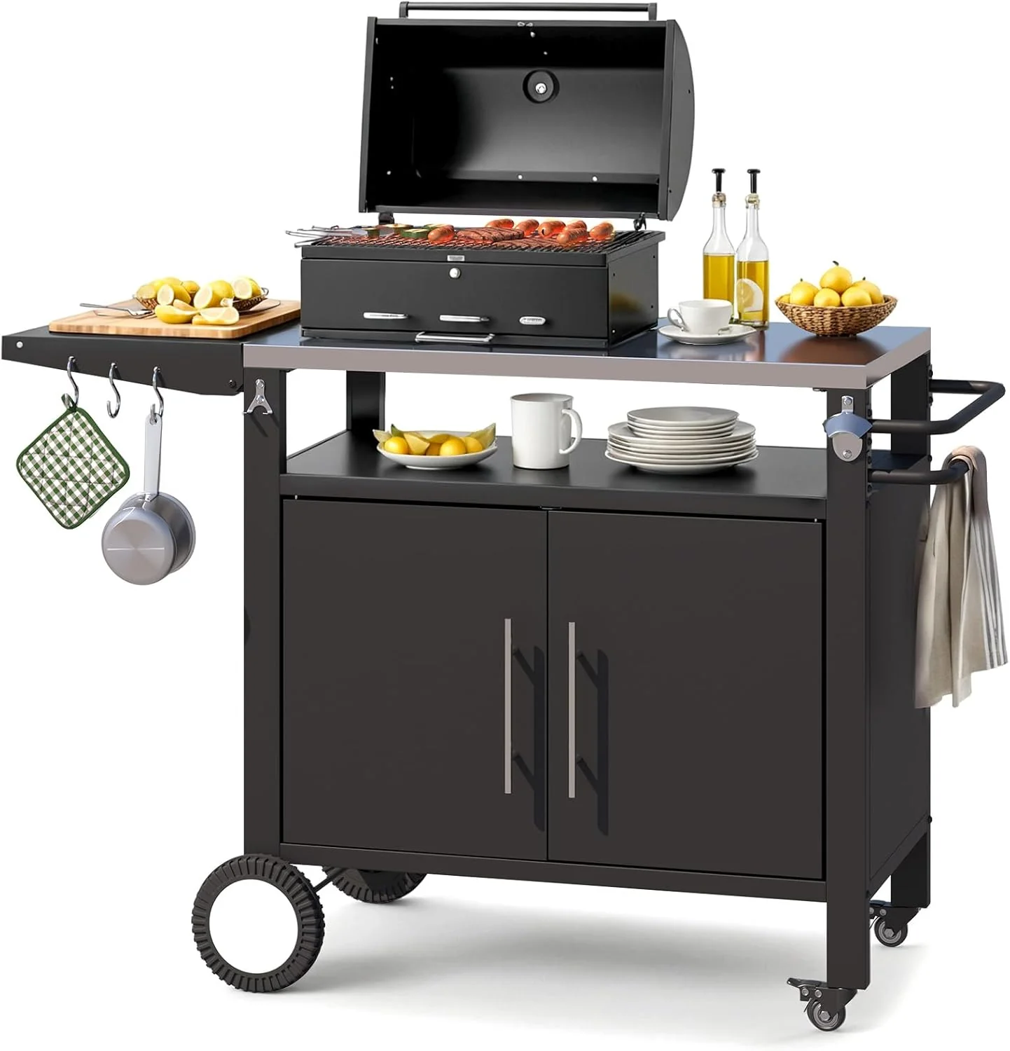 AECOJOY Outdoor Grill Table with Storage Cabinet, Rolling Bar Grill Cart with Wheels, 50’’×20’’×32.2’’