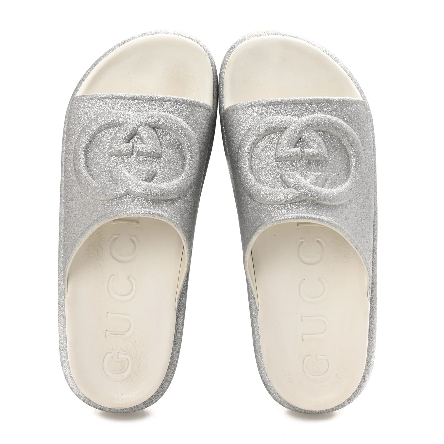 Glitter Rubber Womens Interlocking G Platform 42mm Slide Sandals 40 Silver