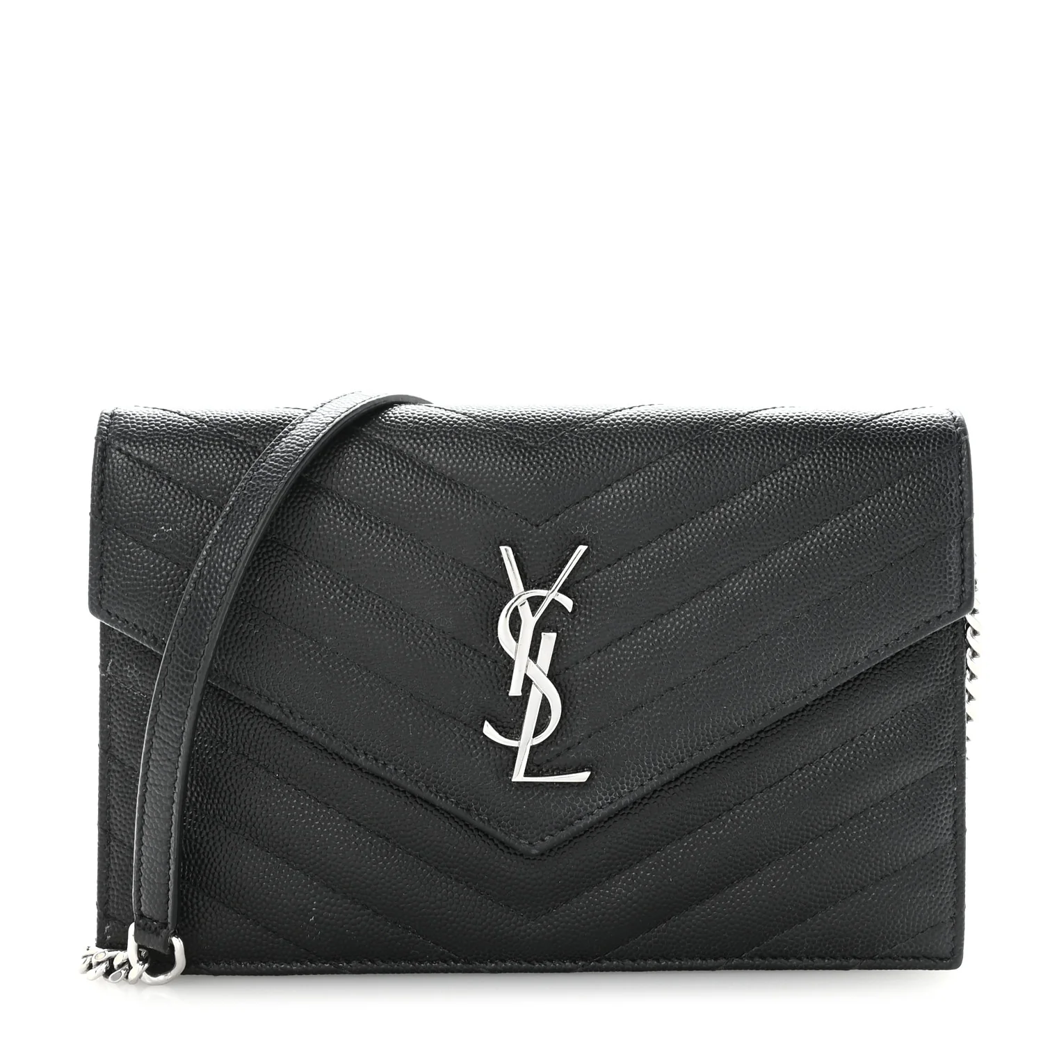 Grain De Poudre Matelasse Chevron Monogram Envelope Chain Wallet Black