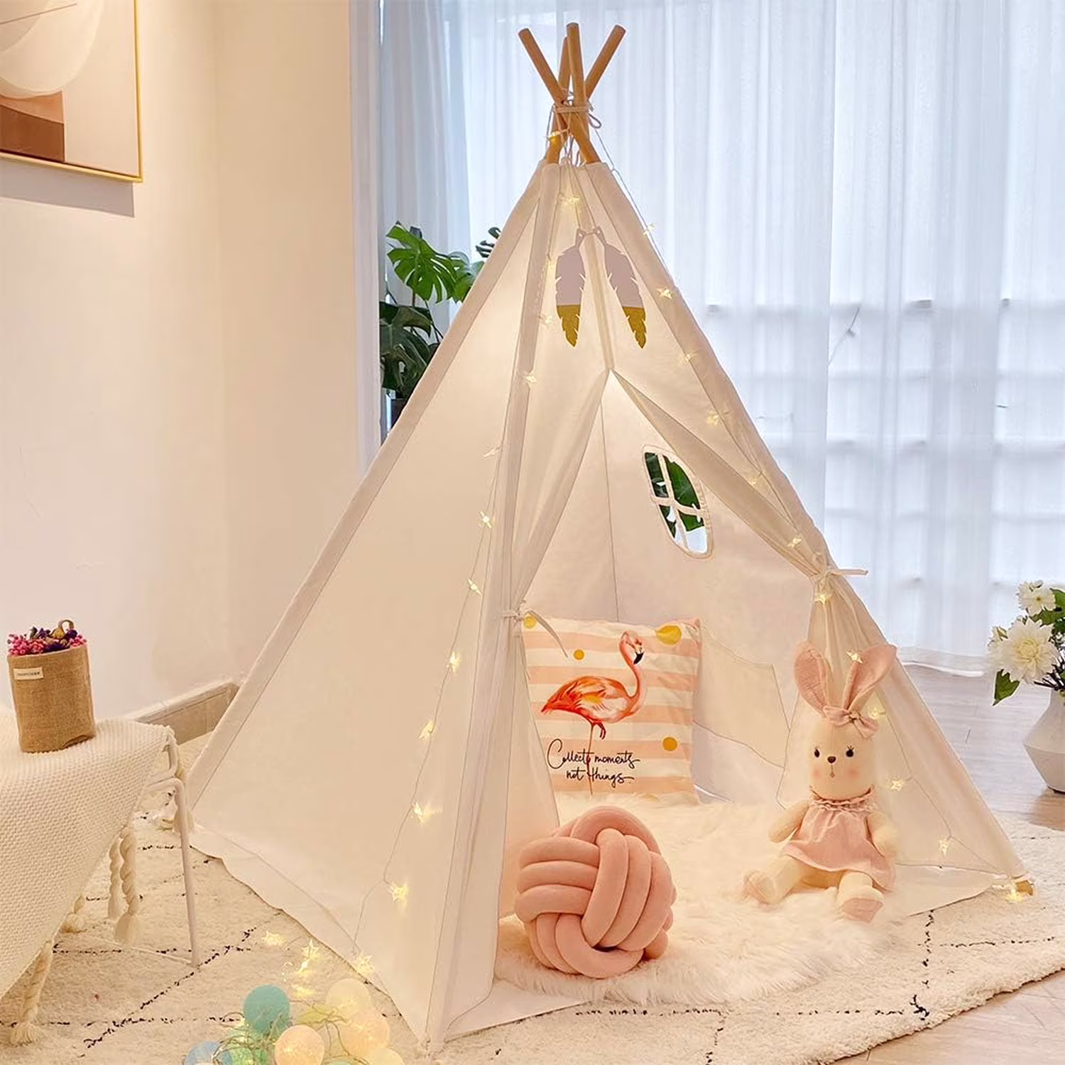Teepee Tent for Kids Tipi Tent Indoor 100% Cotton Kid Tents for Inside with Light Flag- Foldable Toddler Play Tents for Girls Boys Slumber Party -Toys Cotton Teepee