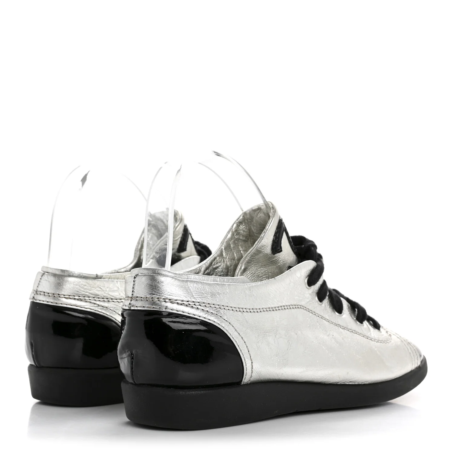 Metallic Lambskin Patent Cap Toe CC Sneakers 38.5 Silver Black