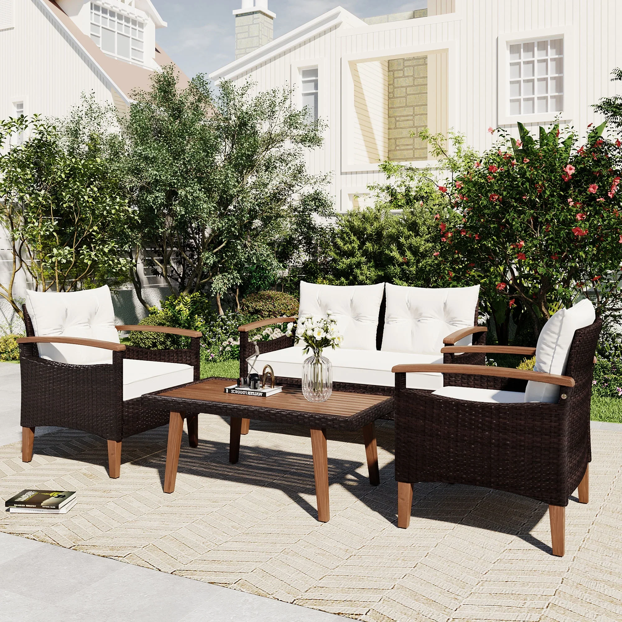Harper & Bright Designs Patio Conversation Set, 4-Piece Outdoor Garden Furniture Set, Patio Seating Set, PE Rattan Outdoor Sofa Set, Wood Table and Legs, Brown+Beige+Wood