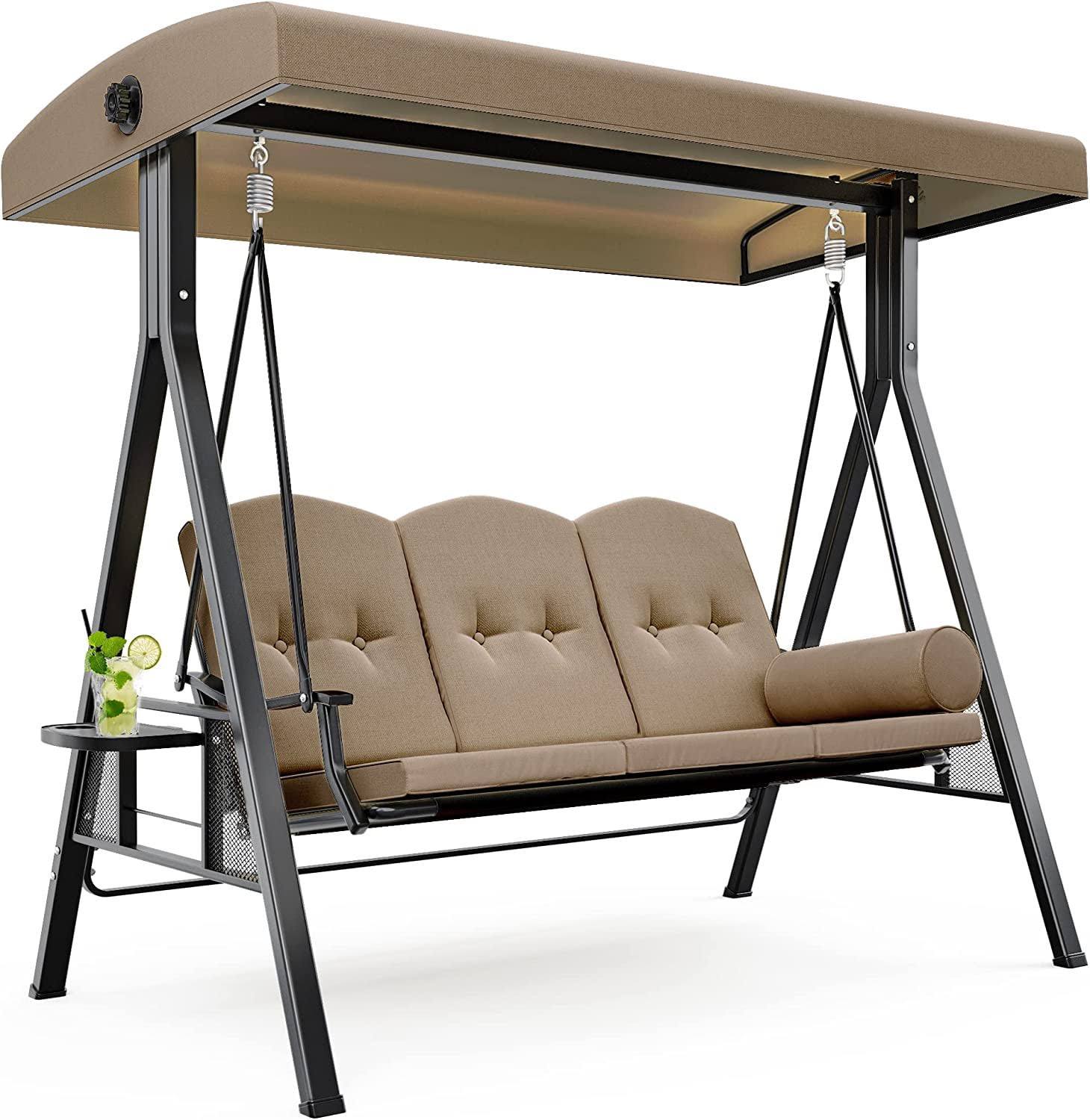 Dextrus Outdoor Patio Swing Chair, 3 Person Porch Swing with Adjustable Canopy, Removable Cushion,Suitable for Garden, Poolside, Balcony,(Brown)