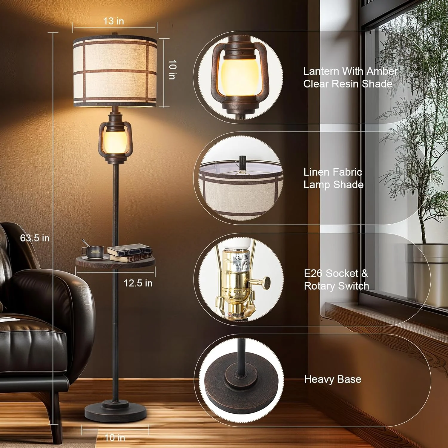 Farmhouse Metal Tray Floor Lamp For Living Room With Nightlight Vintage Tall Lamp With Linen Fabric Shade Industrial Standing Lamp For Bedroom Office Home House Study (Bulb Included)(Bronze-With Tray) - Image 2