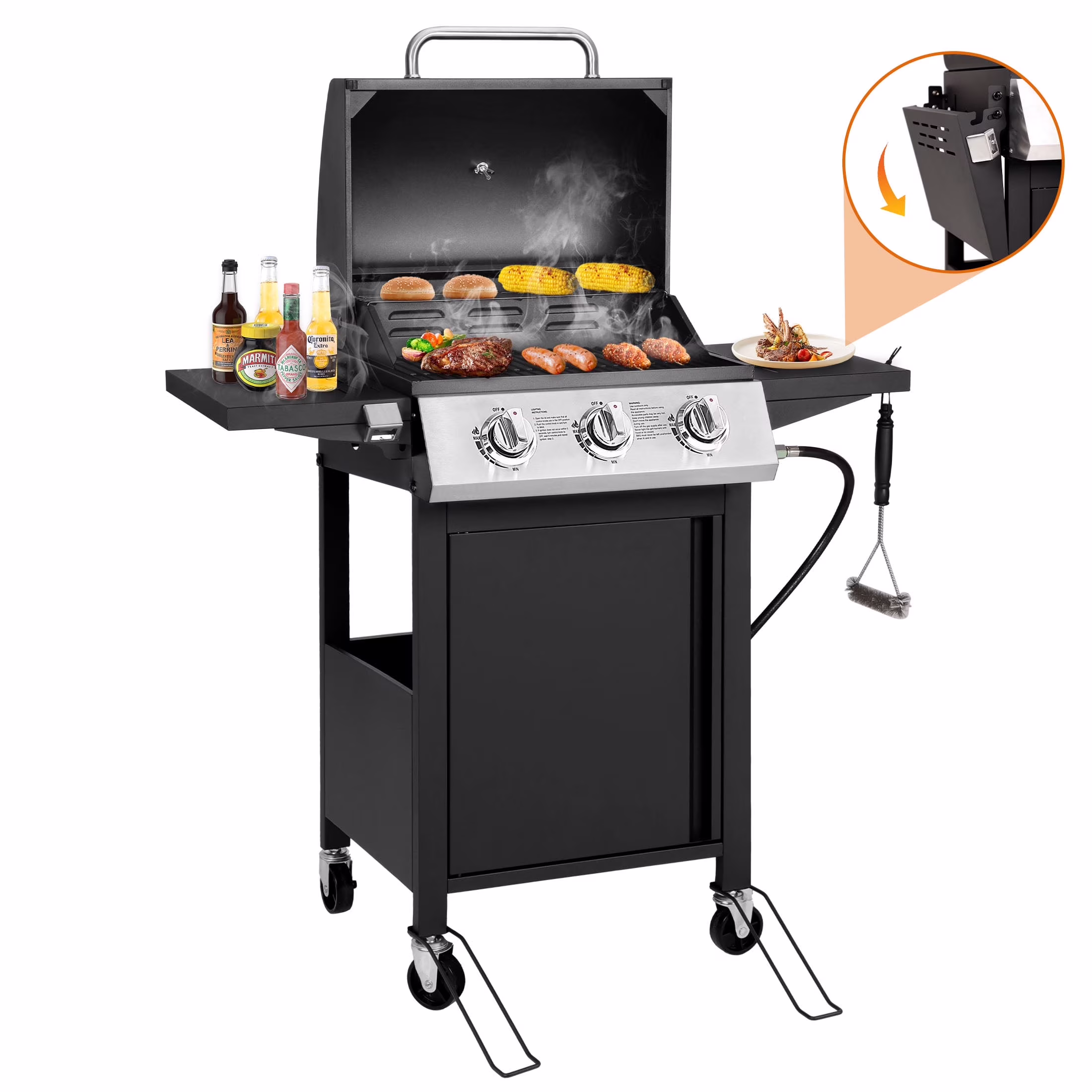4 Burner BBQ Propane Gas Grill, Stainless Steel 40,000 BTU Patio Garden Barbecue Grill with Folding Side Tables, Cleaning Brush Thermometer, Perfect for Camping, Outdoor Cooking(4-Burner) - Image 3
