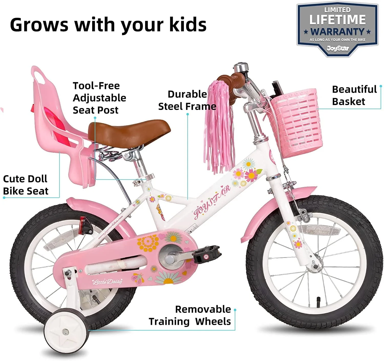 JOYSTAR Little Daisy 12 Inch Kids Bike for 2 3 4 Years Girls with Training Wheels Princess Kids Bicycle with Basket Bike Streamers Toddler Cycle Bikes White Image 7