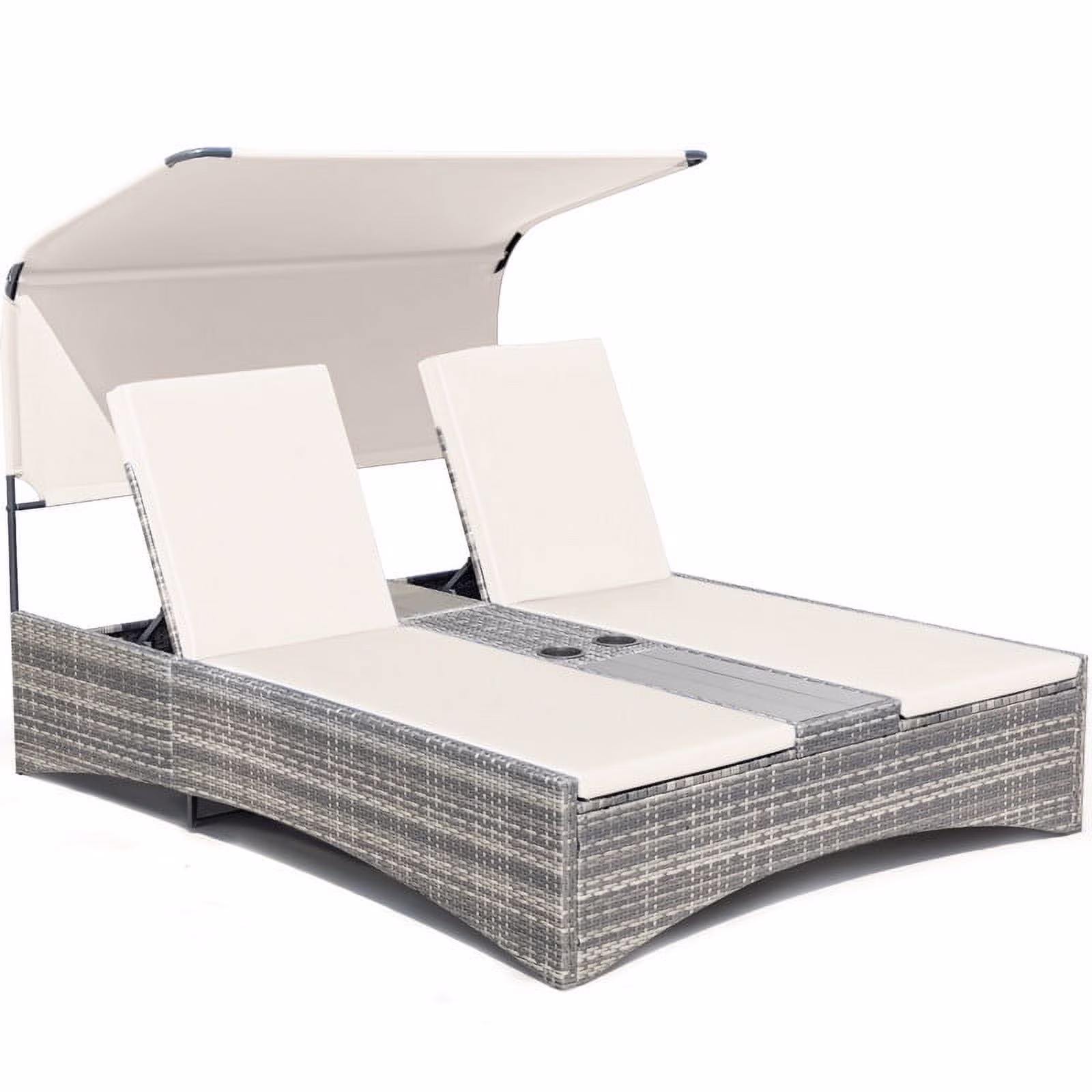 Rattan Double Lounge Chaise, Adjustable Backrest Daybed with Sunshade and Cup Holder for Deck, Poolside, Balcony,beige(Beige)