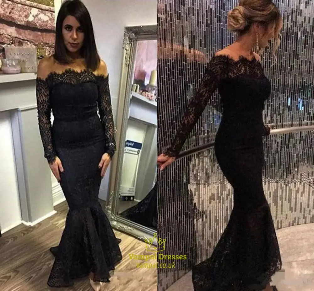Mermaid Black Elegant Off the Shoulder Long Lace Long Sleeves Sexy Prom Dress DM141