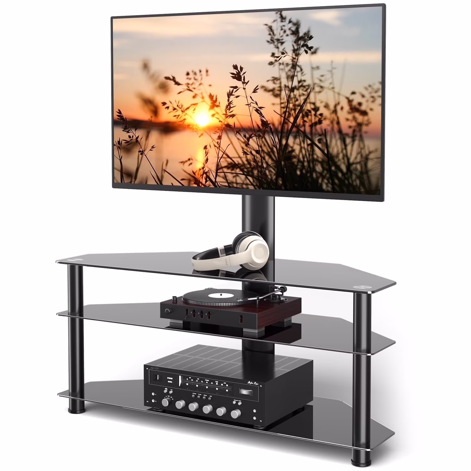Modern 3 in 1 TV Stand with Mount for Flat Screens up to 65 inch, Black Glass Corner TV Stand for Bedroom(up to 70")