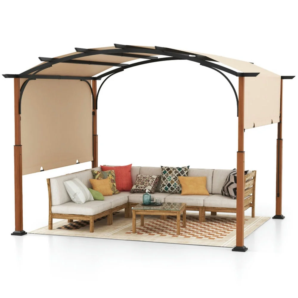 Spaco 10 x 12 FT Outdoor Retractable Pergola with Retractable Canopy for Patio-Beige, Gazebo for Patio Deck Garden and Beach
