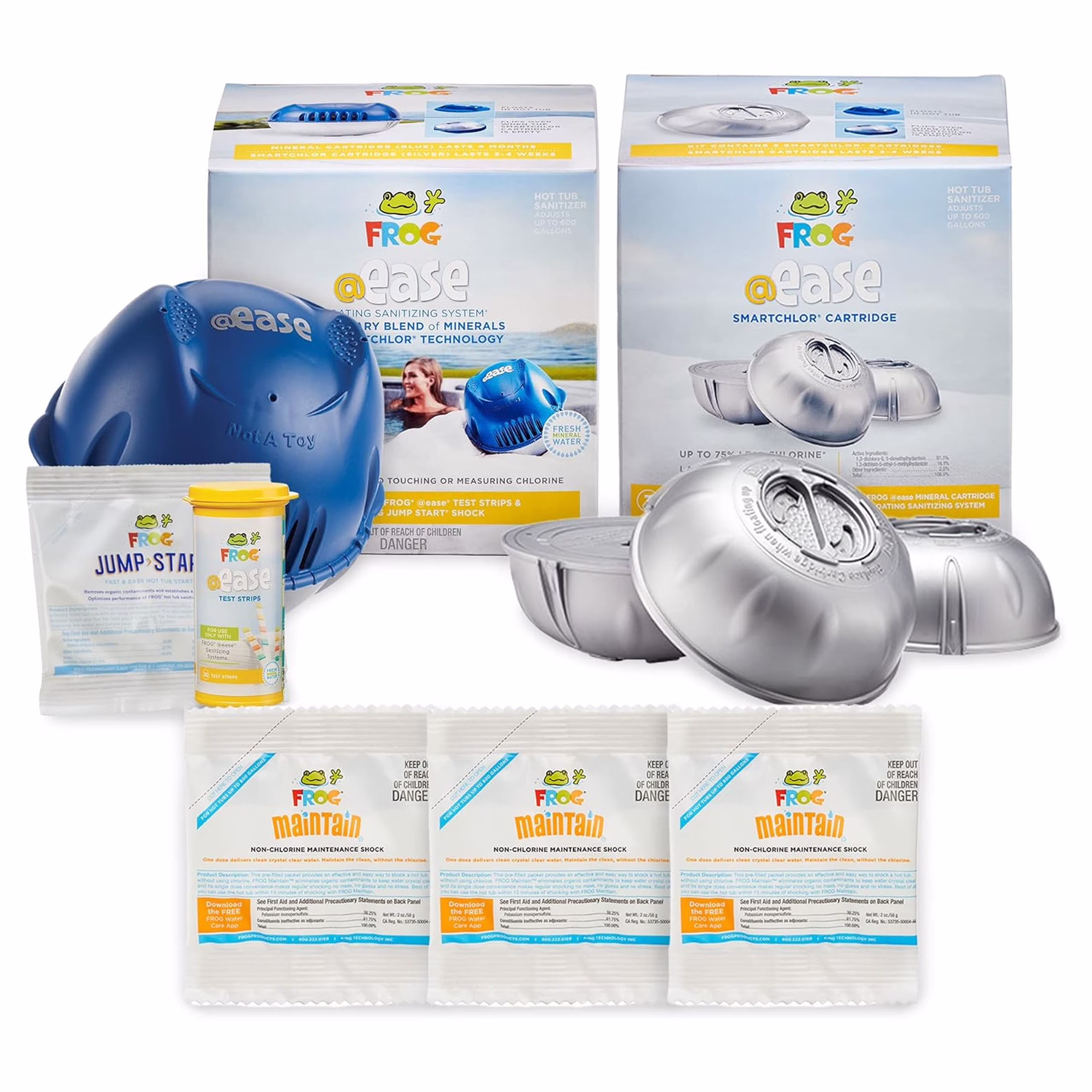 FROG @ease Floating System + 3 Pack of SmartChlor Replacements + 3 FROG Maintain Non-Chlorine Shock Treatments for Hot Tubs