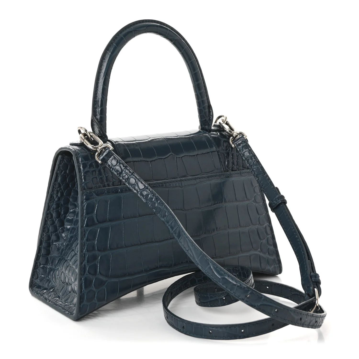 Shiny Calfskin Crocodile Embossed Small Hourglass Top Handle Bag Dark Petrol Blue