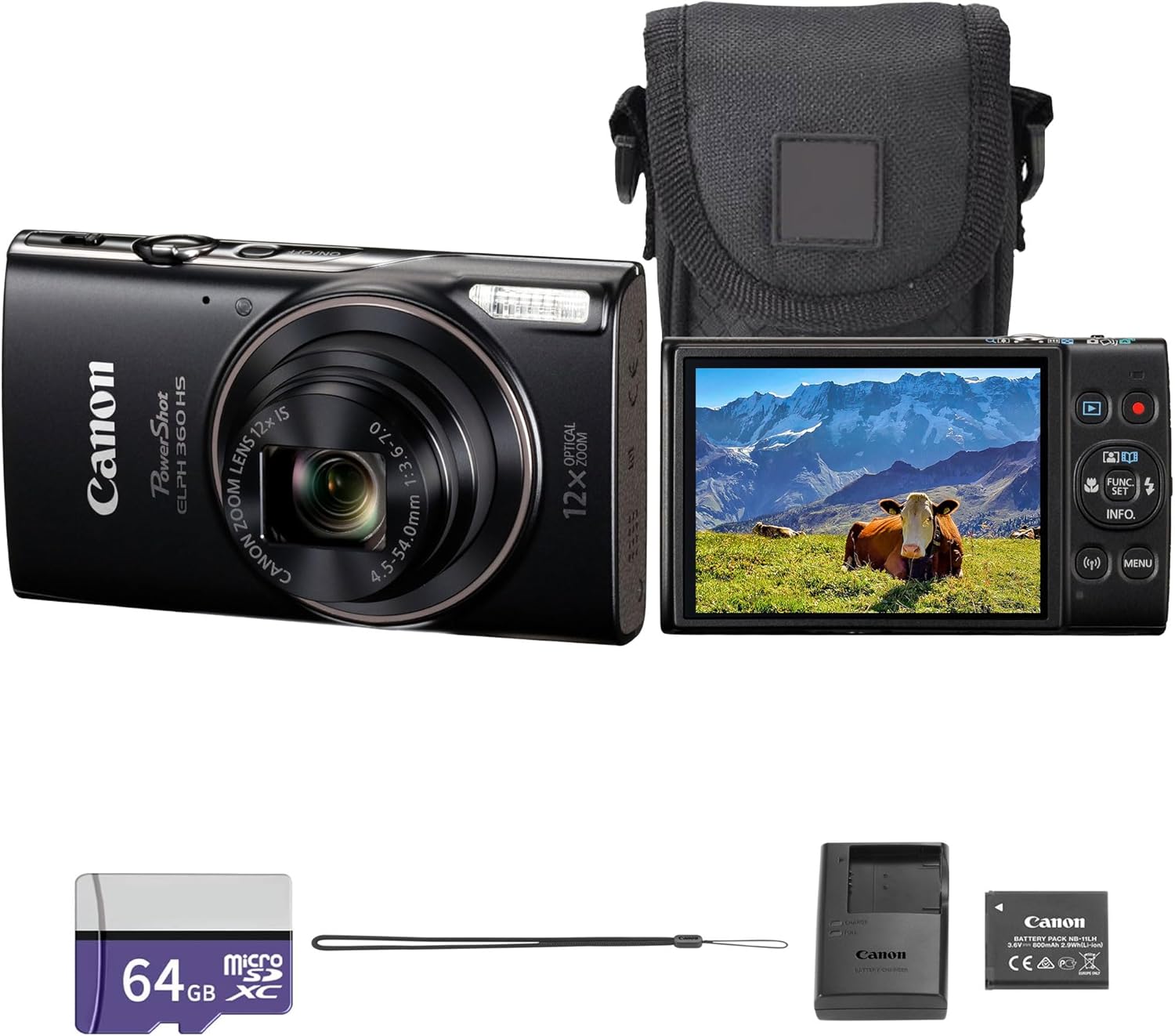 Canon PowerShot ELPH 360 HS A Digital Camera (Black) | 20.2MP CMOS Sensor  12x Optical Zoom & Built-in Wi-Fi | Compact Point-and-Shoot for Travel  Family & Everyday Photography (7280C001) + 64GB Card
