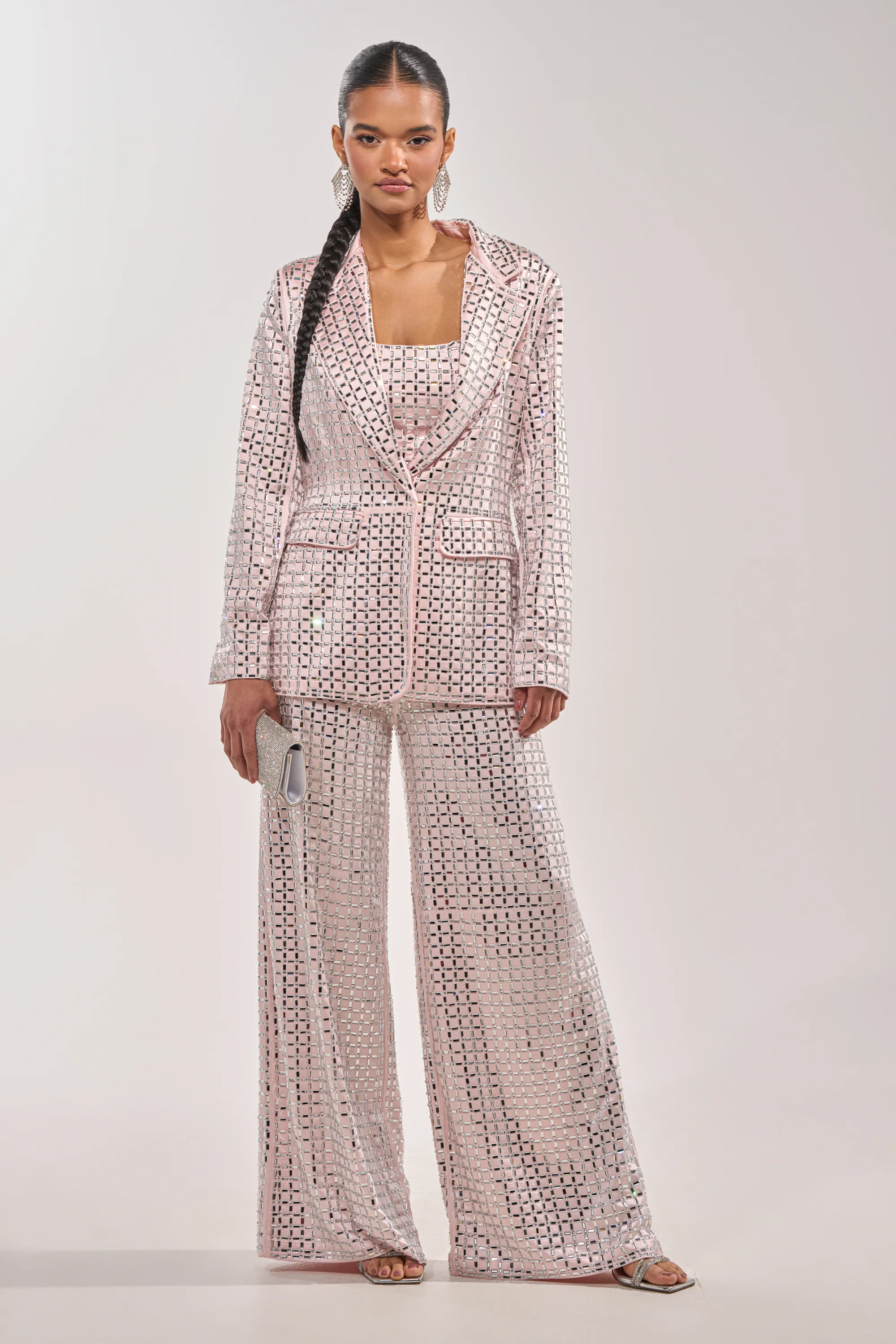 LILA EMBELLISHED SATIN TROUSER IN LIGHT PINK - Akira Store