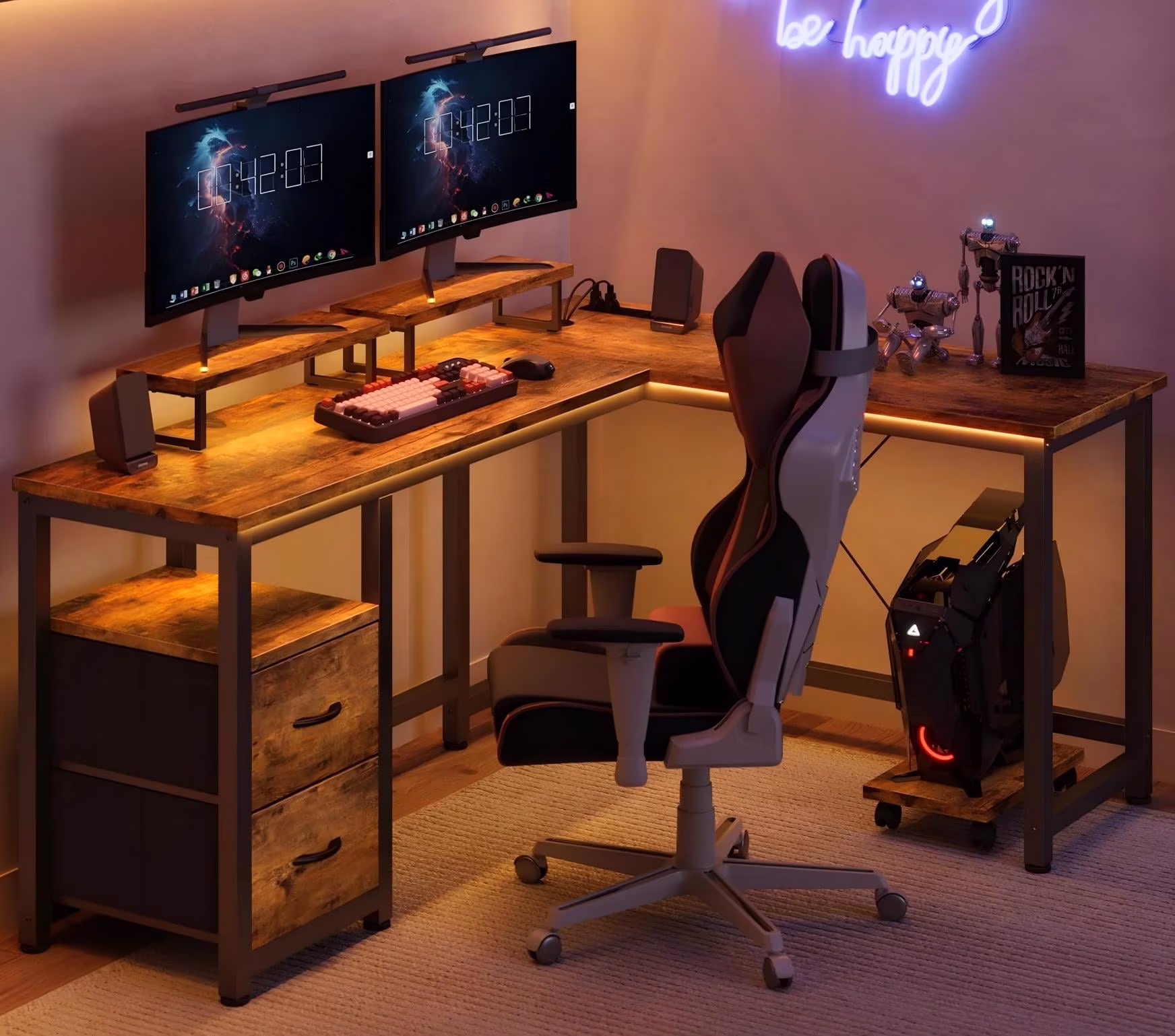 L Shaped Gaming Desk with Power Outlets, Computer Desk with Shelf and Drawers for Home /Office, Black(Black) - Image 3