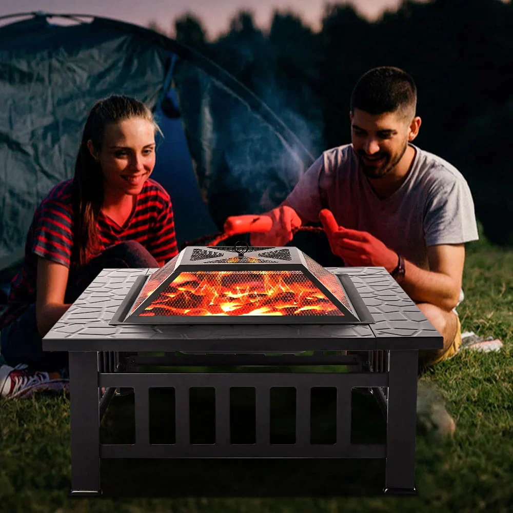 Wood Burning Fire Pits for Outside, 32 Square Iron Fire Pit Backyard Patio Garden Stove Wood Burning Fire Pit w/ BBQ Net, Waterprrof Cover, Mesh Screen Lid, Wood Grate, Poker, Durable Fire Pit