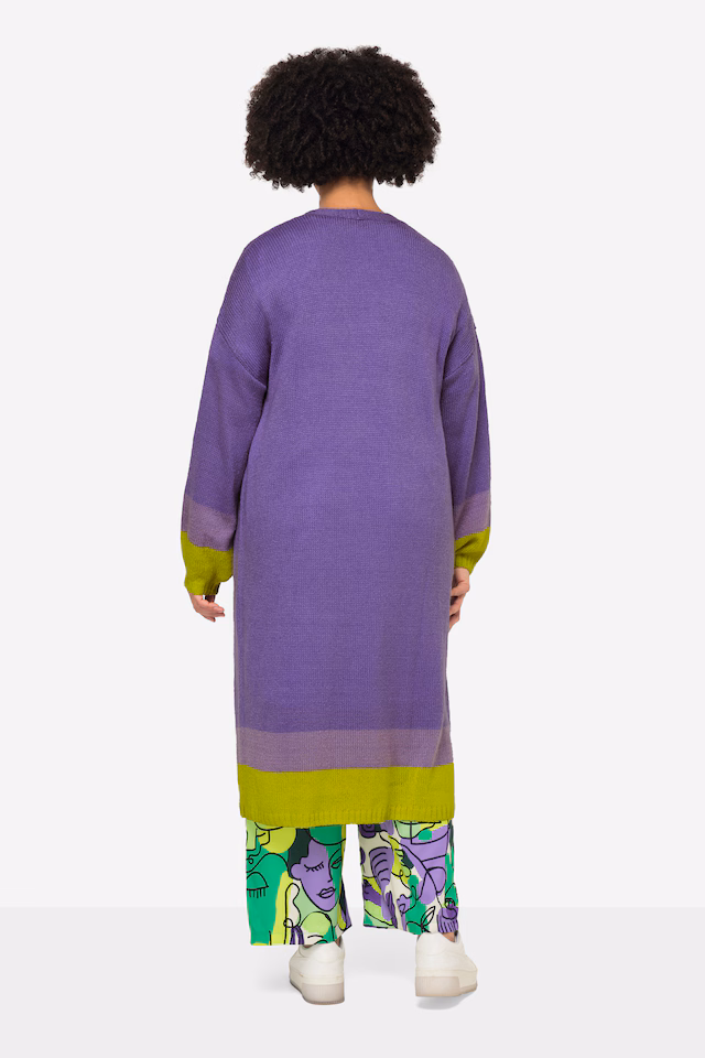Long Colorful Cardigan with Open Front and Balloon Sleeves