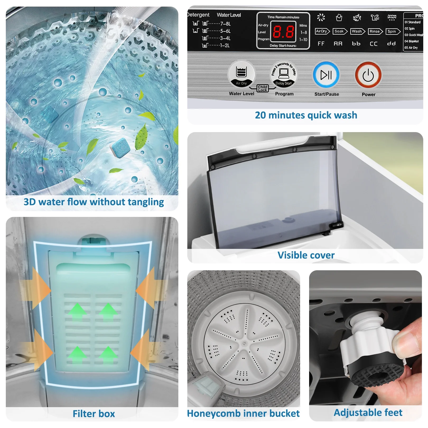 Portable Washing Machine, 17 8lbs Large Fully Automatic Laundry Washer, 10 Washing Programs 8 Water Levels Selections Machine Ideal for Apartments Dorms Families Image 5