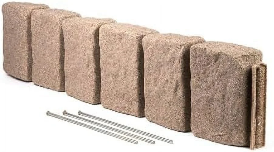 Beuta Landscape Edging | Garden Edging Border | Faux Stone Block XL for Lawn Edging, Flower Beds & Yard Edging �C 1 Pack | Each Section Has 6 Blocks 48 L x 4 W x 9.5 H | 3 Spikes | Sandstone