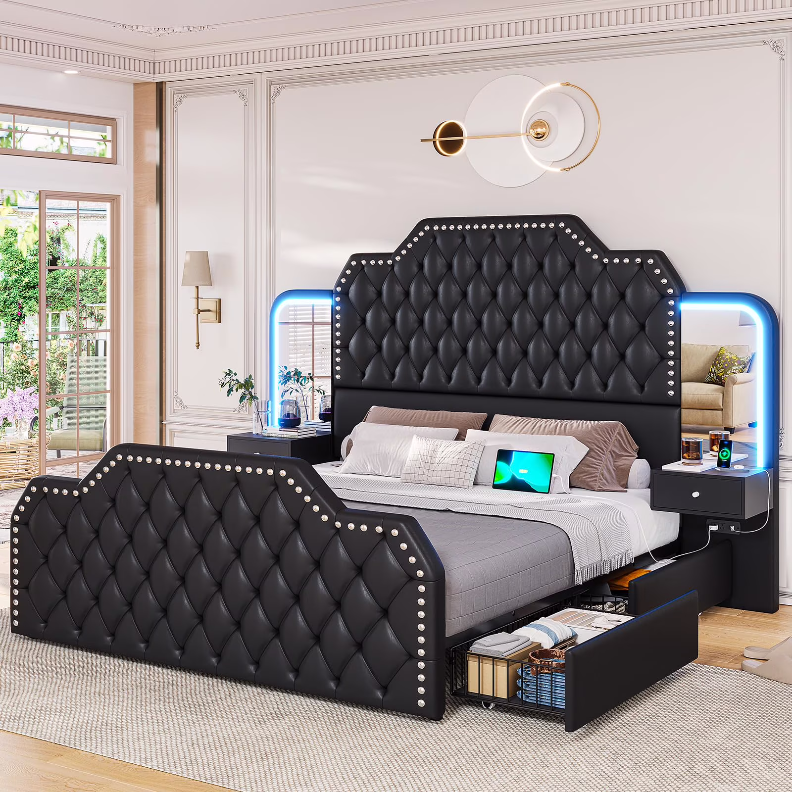 Queen Bed Frame with 2 Nighstands, Power Outlets and 4 Drawers, Upholstered Bed with Vanity Tables and Mirrors, Modern Velvet Tufted Platform Bed with Headboard Footboard, Black(Black)