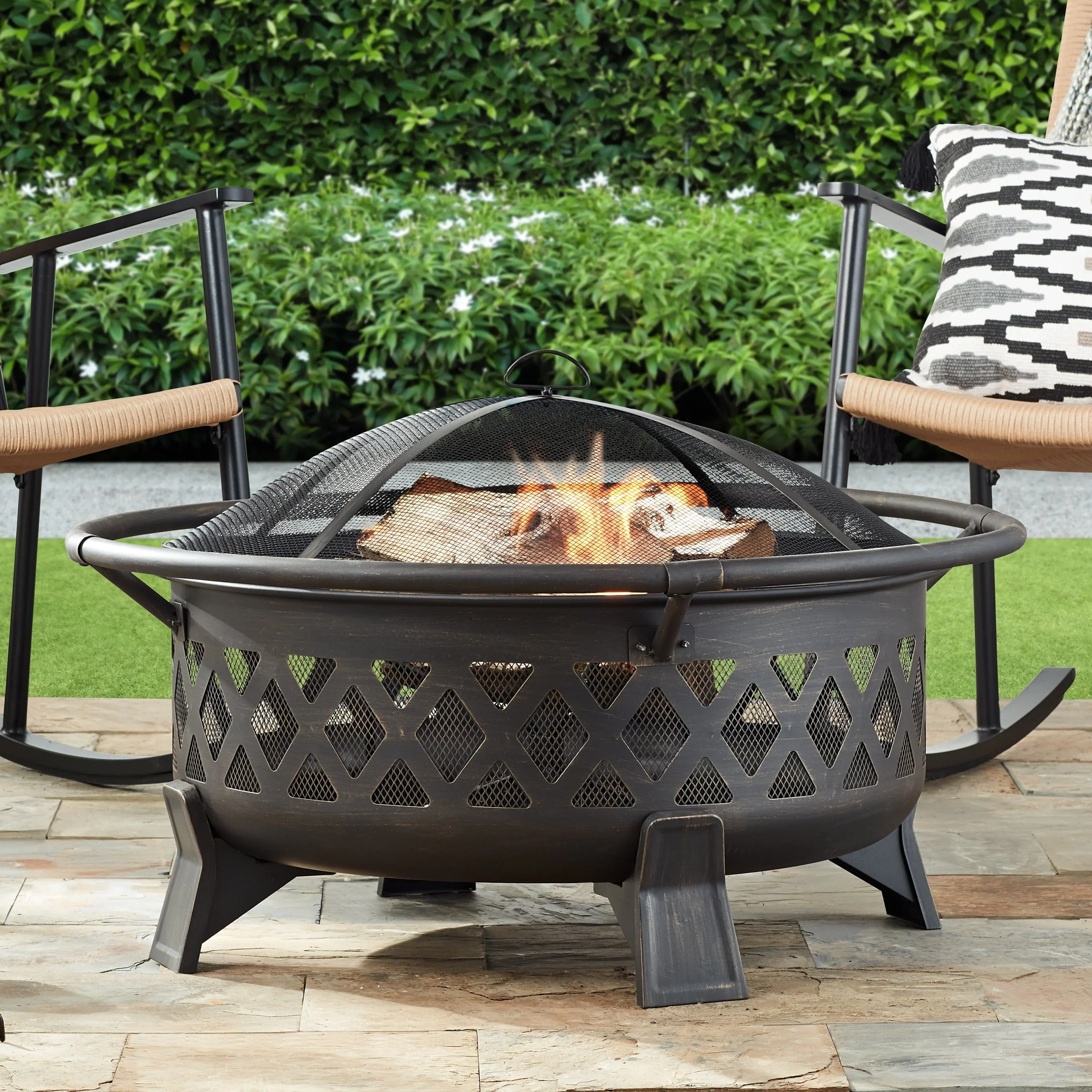 Better Homes & Gardens 35 Round Lattice Wood Burning Fire Pit with Cover, Antique Bronze
