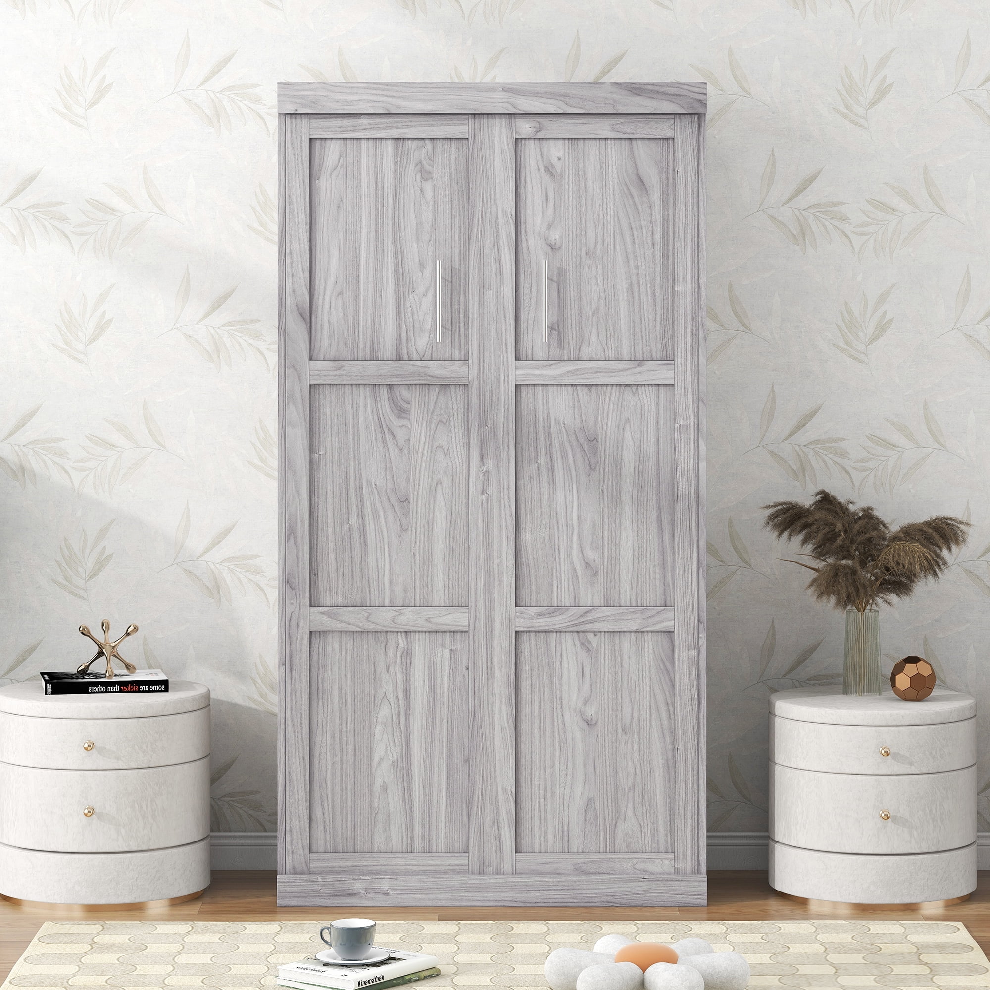 Euroco Pine Wood Twin Size Murphy Bed, Convertible Wall Bed Into A Cabinet, Gray