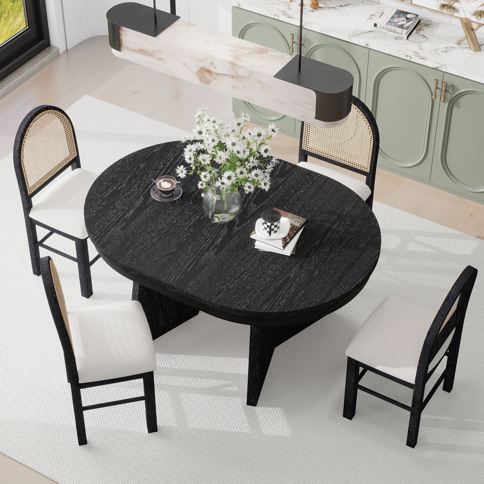 5-Piece Extendable Dining Table Set for 4 People, Solid Wood Kitchen Table Set with 4 Upholstered Chairs and Rattan Backrests for Dining Room and Kitchen, Natural(Natural) - Image 9
