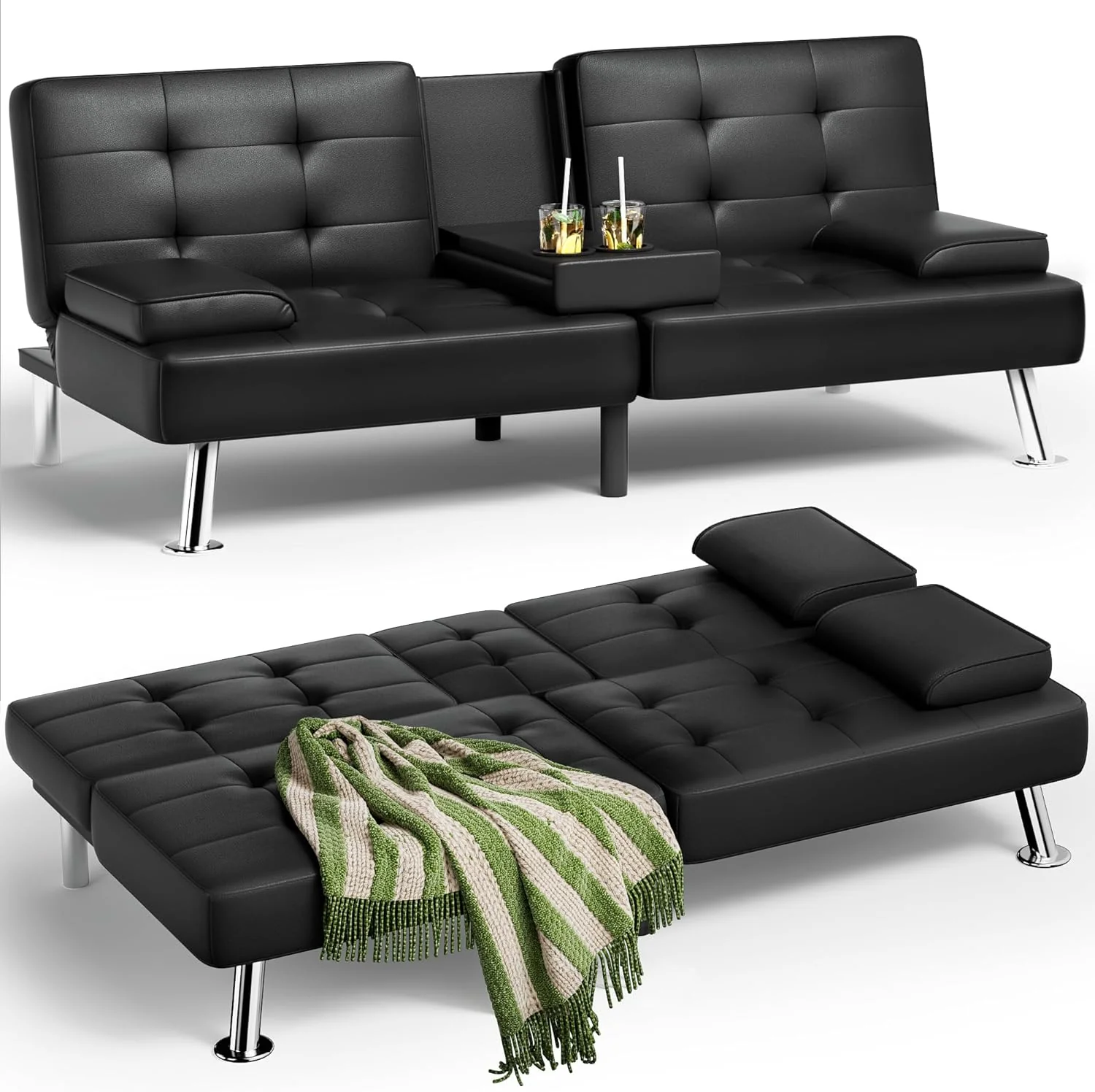 Canapé-lit futon Homall, canapé futon en cuir avec accoudoirs amovibles, canapé-lit inclinable réglable avec deux porte-gobelets pour salon, appartement, bureau (noir)