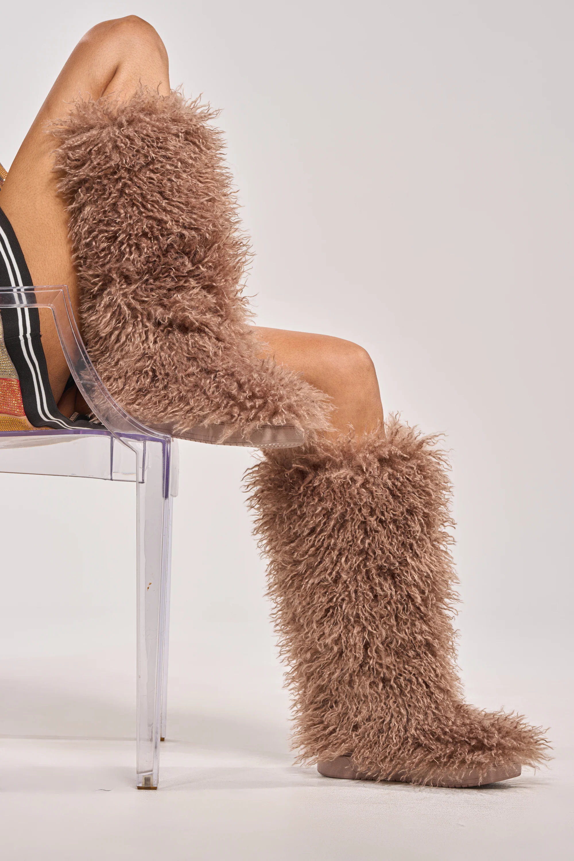 AZALEA WANG DENTON TAUPE KNEE HIGH FLAT FUR BOOT - Akira Store