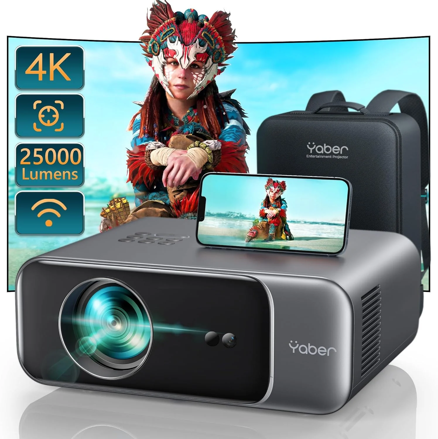 [Auto Focus/4K Support] Projector with WiFi 6 and Bluetooth 5.2, Native 1080P Outdoor Movie Projector, Auto 6D Keystone & 50% Zoom, Home Theater Projector for Phone/TV Stick/PC