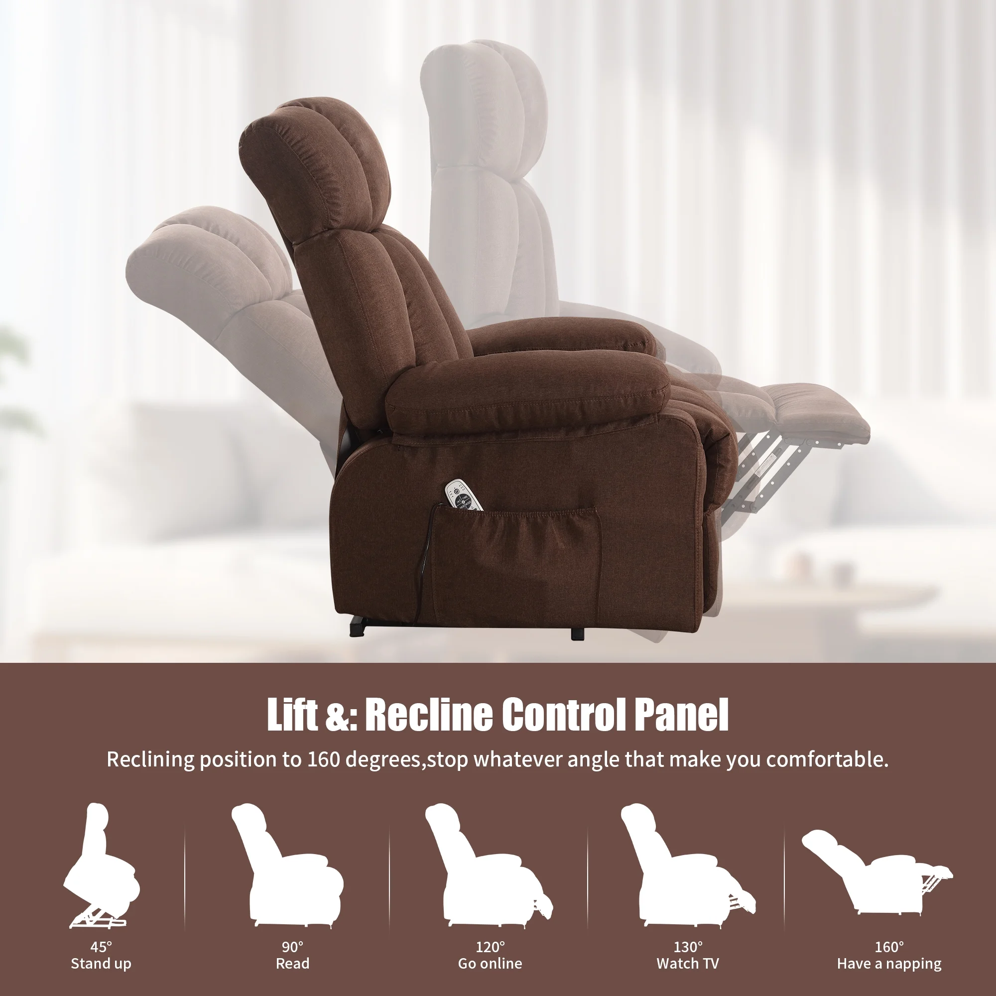 Power Lift Recliner Chair Recliners for Elderly with Heat and Massage Recliner Chair for Living Room with Infinite Position and Side Pocket,USB Charge Port,Brown(Regular-Brown) - Image 10