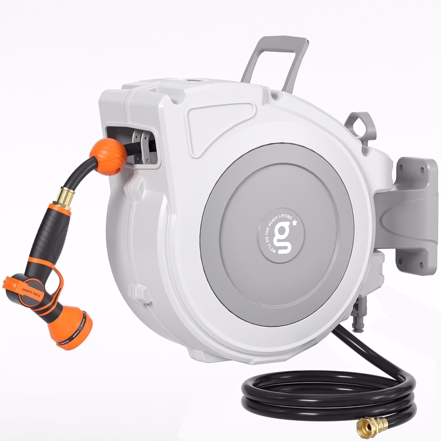 Giraffe Tools Retractable Garden Hose Reel with 1/2in-100ft Water Hose, Plastic Bracket, Wall Mounted, Dark Grey