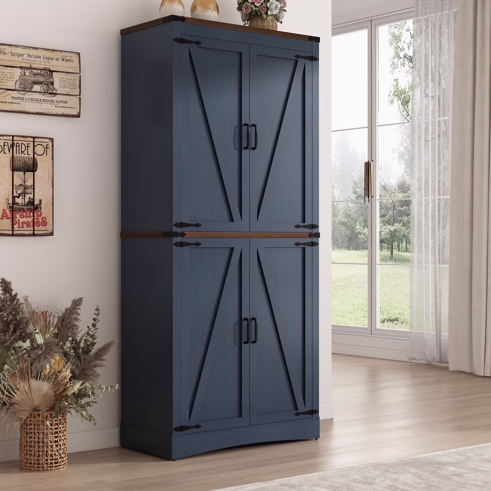 71" Tall Farmhouse Kitchen Pantry Cabinet, 5 Layers Storage Cabinet with Adjustable Shelves, Farmhouse Pantry Cabinet with 4 Barn Doors for Kitchen, Dining Room, Bathroom, Living Room, Rustic White(White-4 Barn Doors) - Image 5