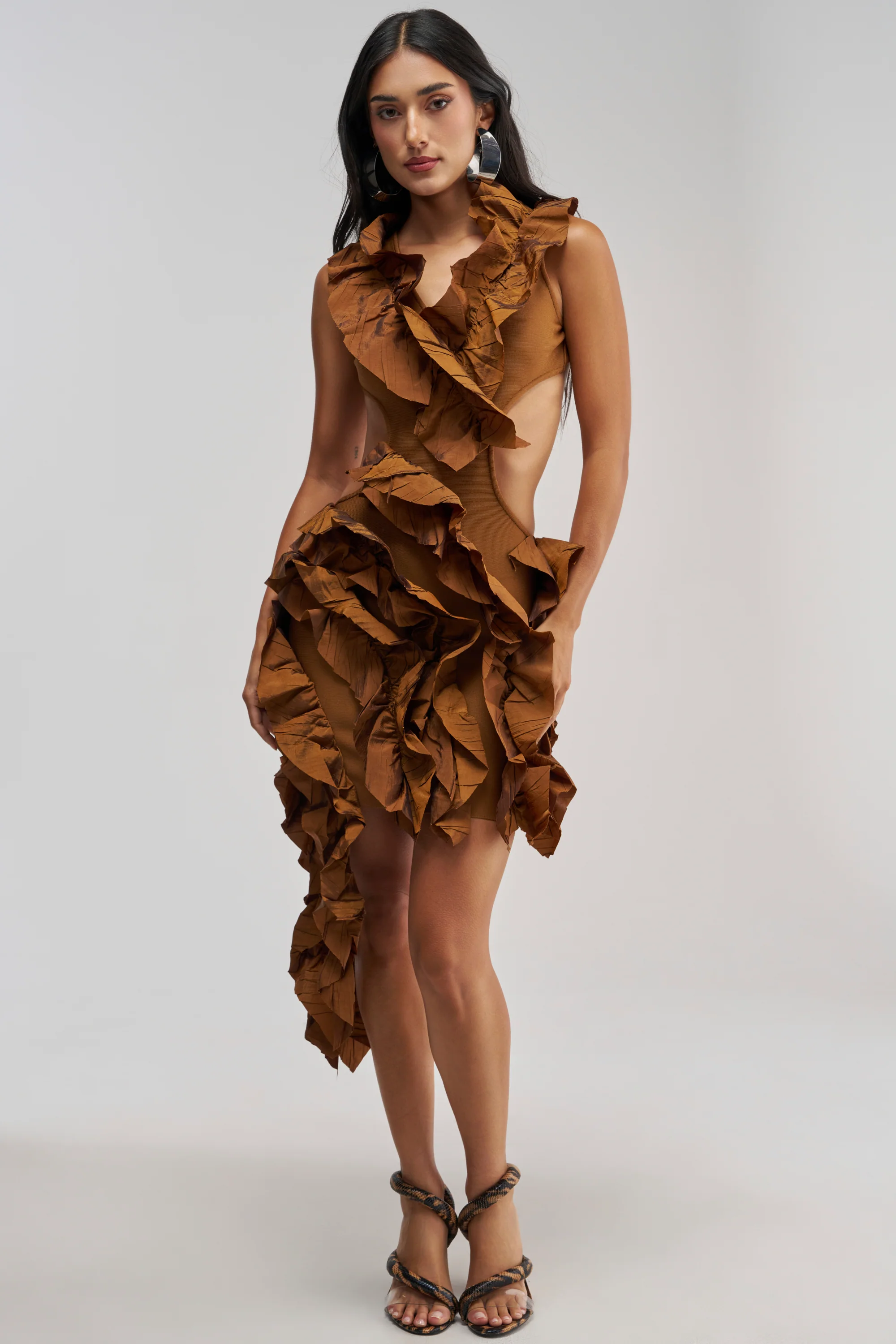 CRAZIER THAN YOUR EX FLOCKED MINI DRESS IN BROWN - Akira Store